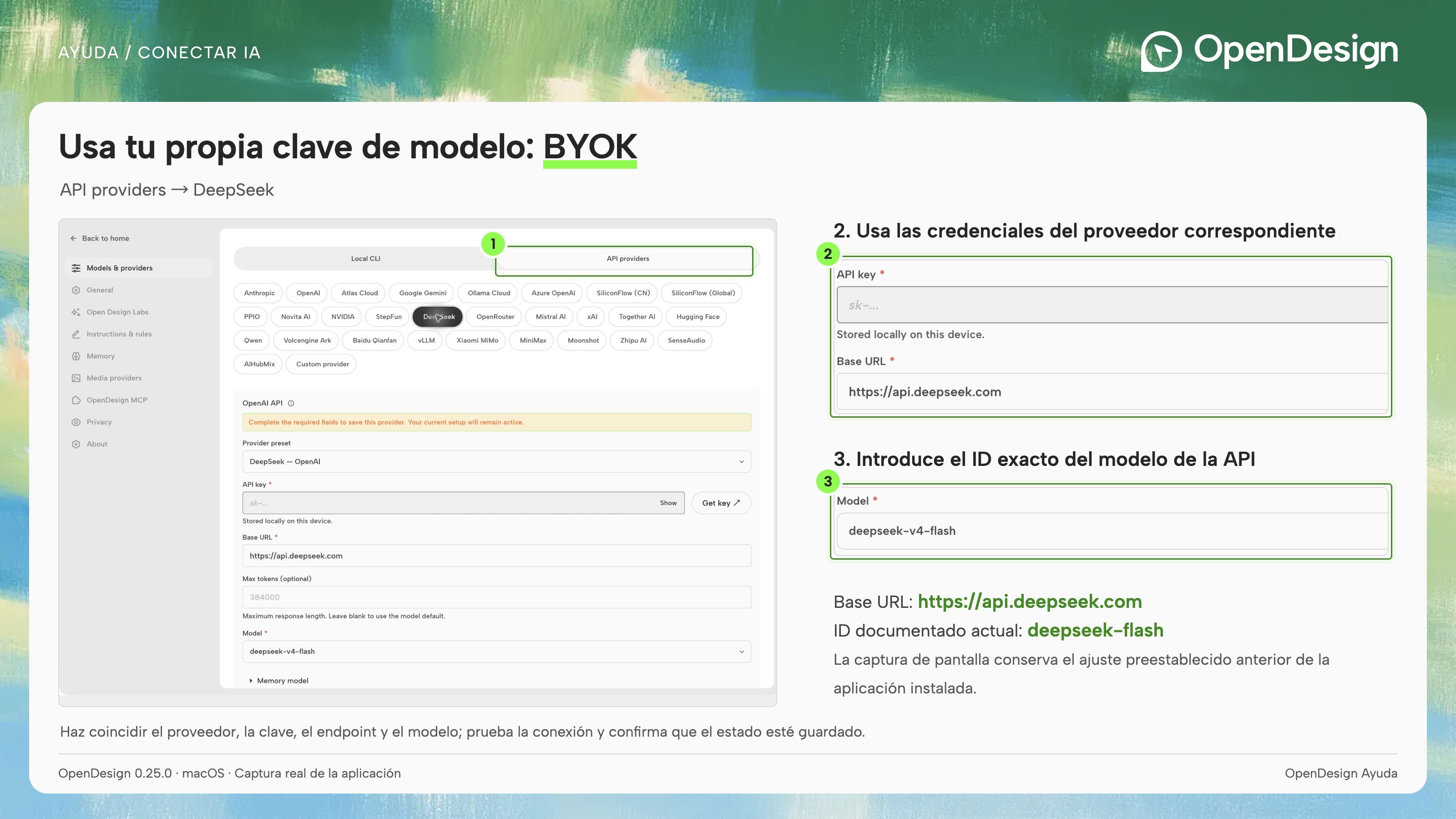 Selecciona el proveedor y, después, haz coincidir su clave, la Base URL de API y el modelo.