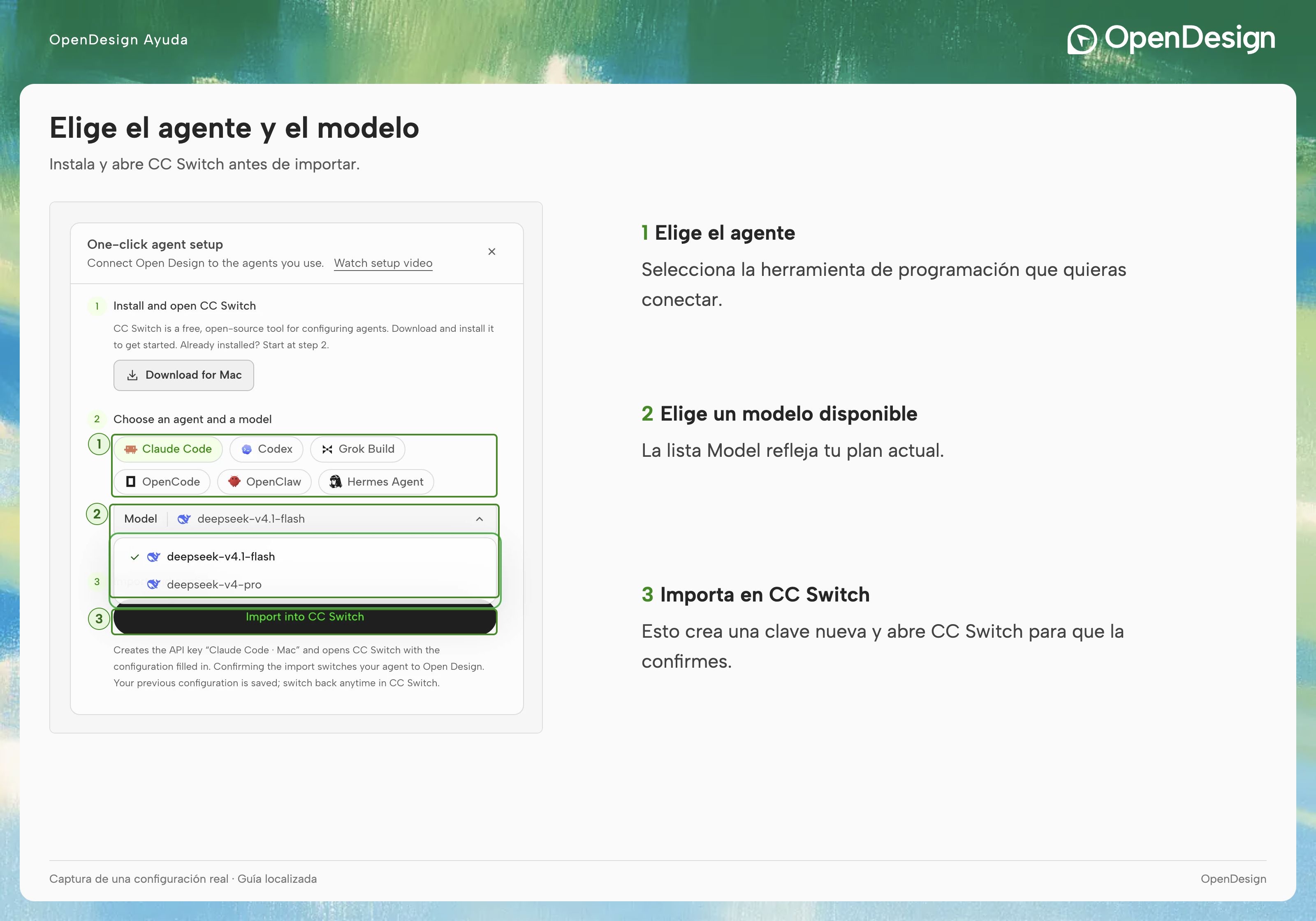 El cuadro de configuración: elige el agente de destino y, después, un modelo disponible para tu cuenta.