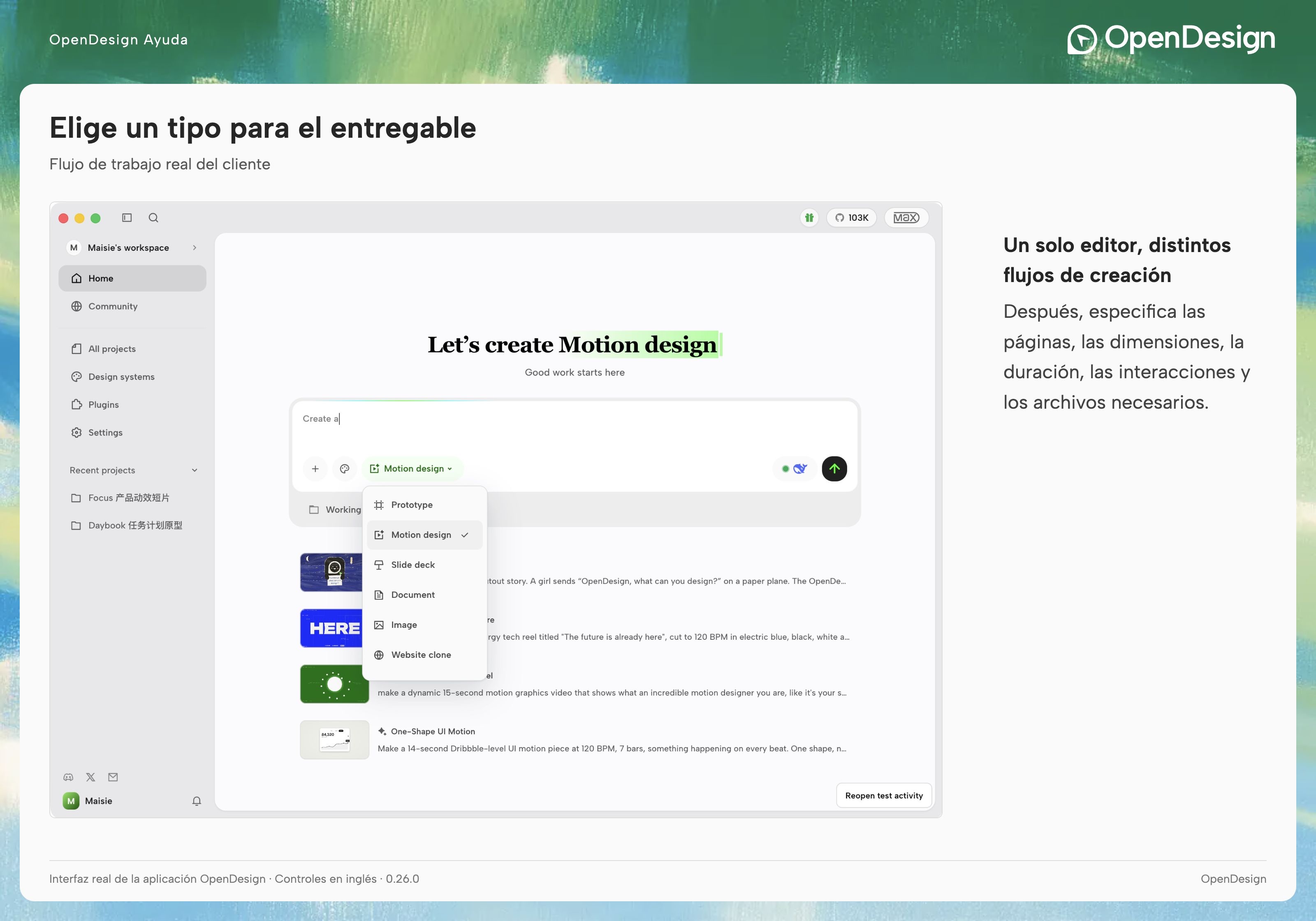 Menú de tipos de creación de Home con los flujos de trabajo disponibles