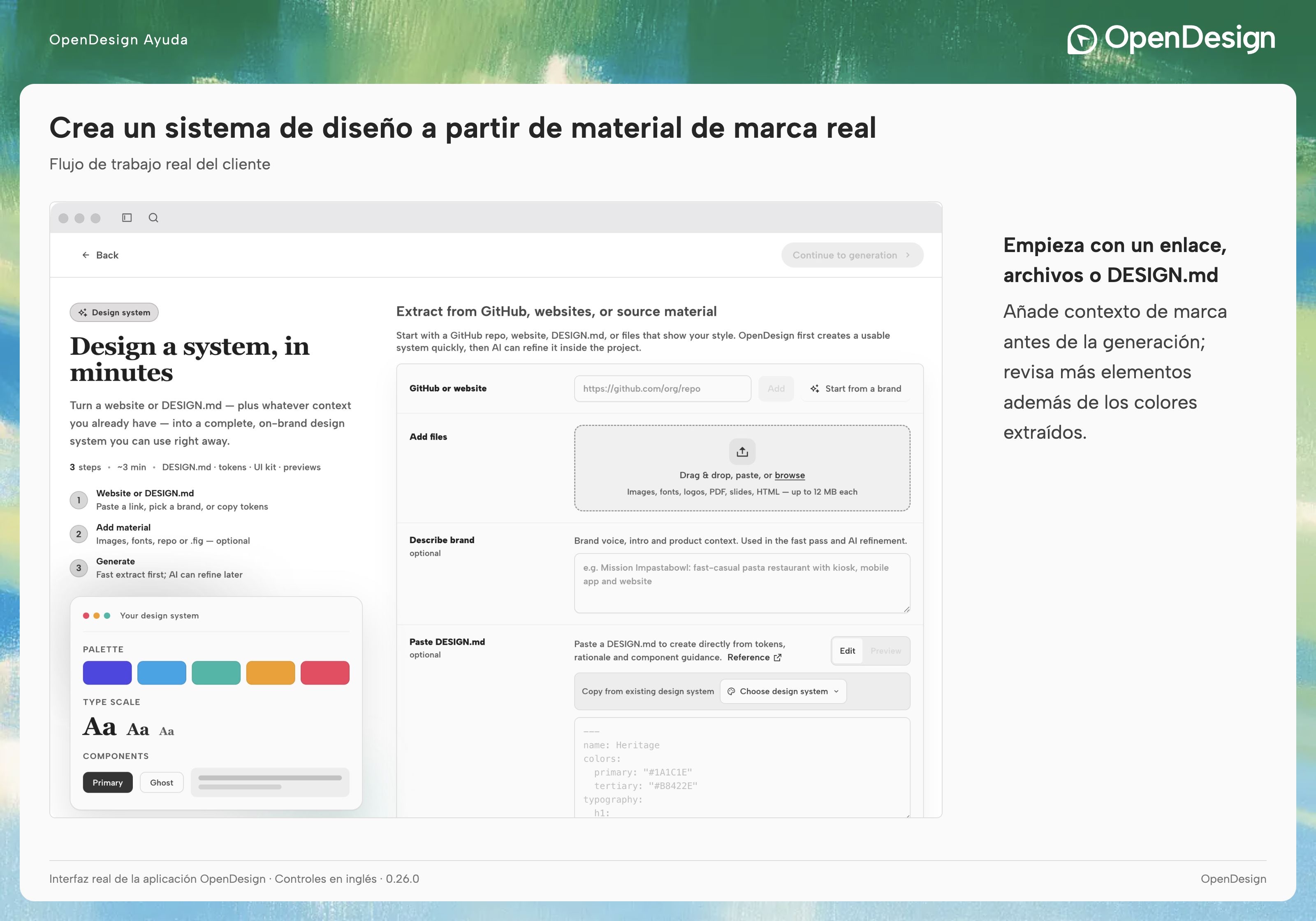 Pantalla de creación de un sistema de diseño con enlaces de origen, archivos, descripción de marca y entradas de DESIGN.md.