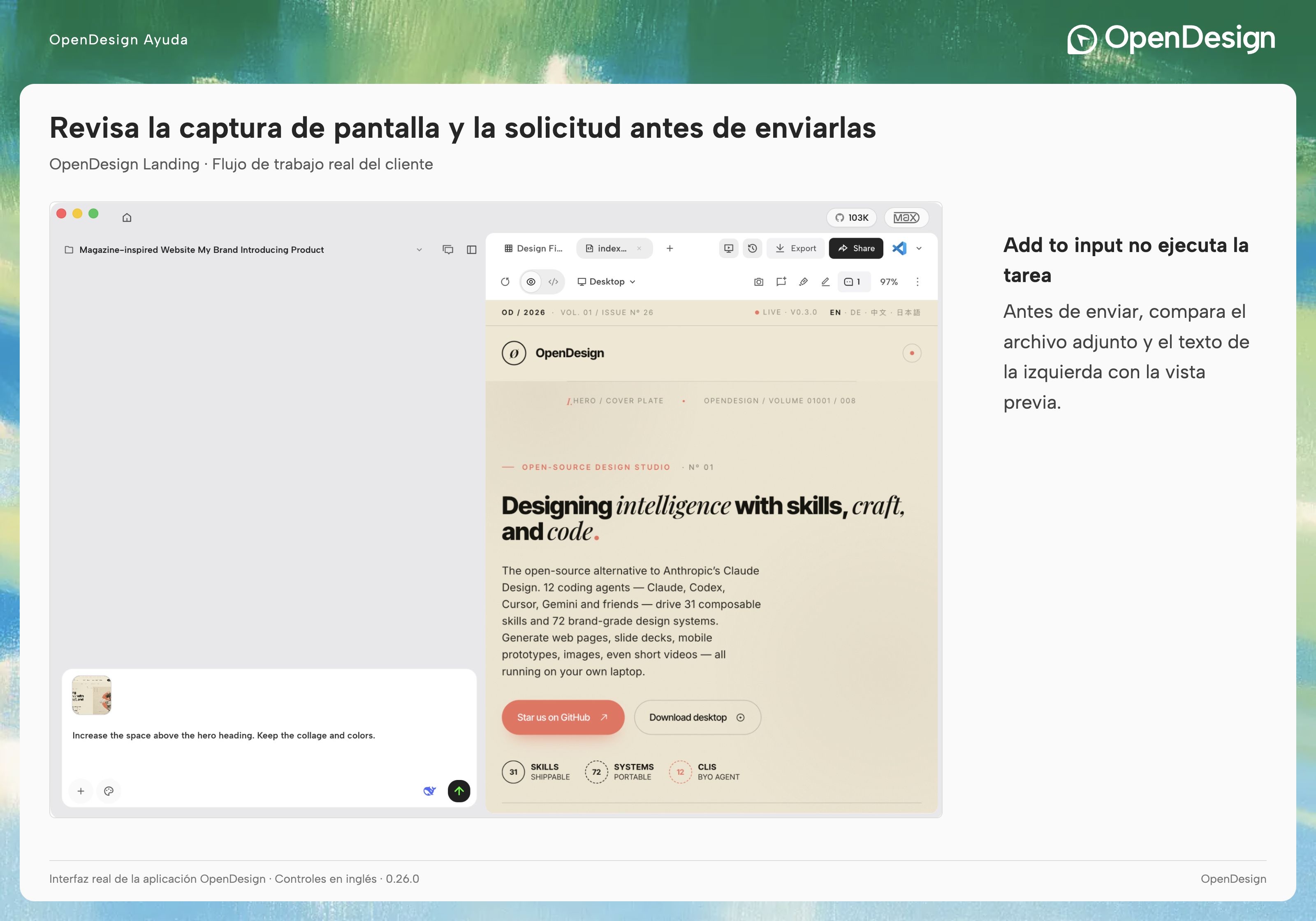 La captura de pantalla real adjunta y la instrucción en el cuadro de redacción de la conversación.