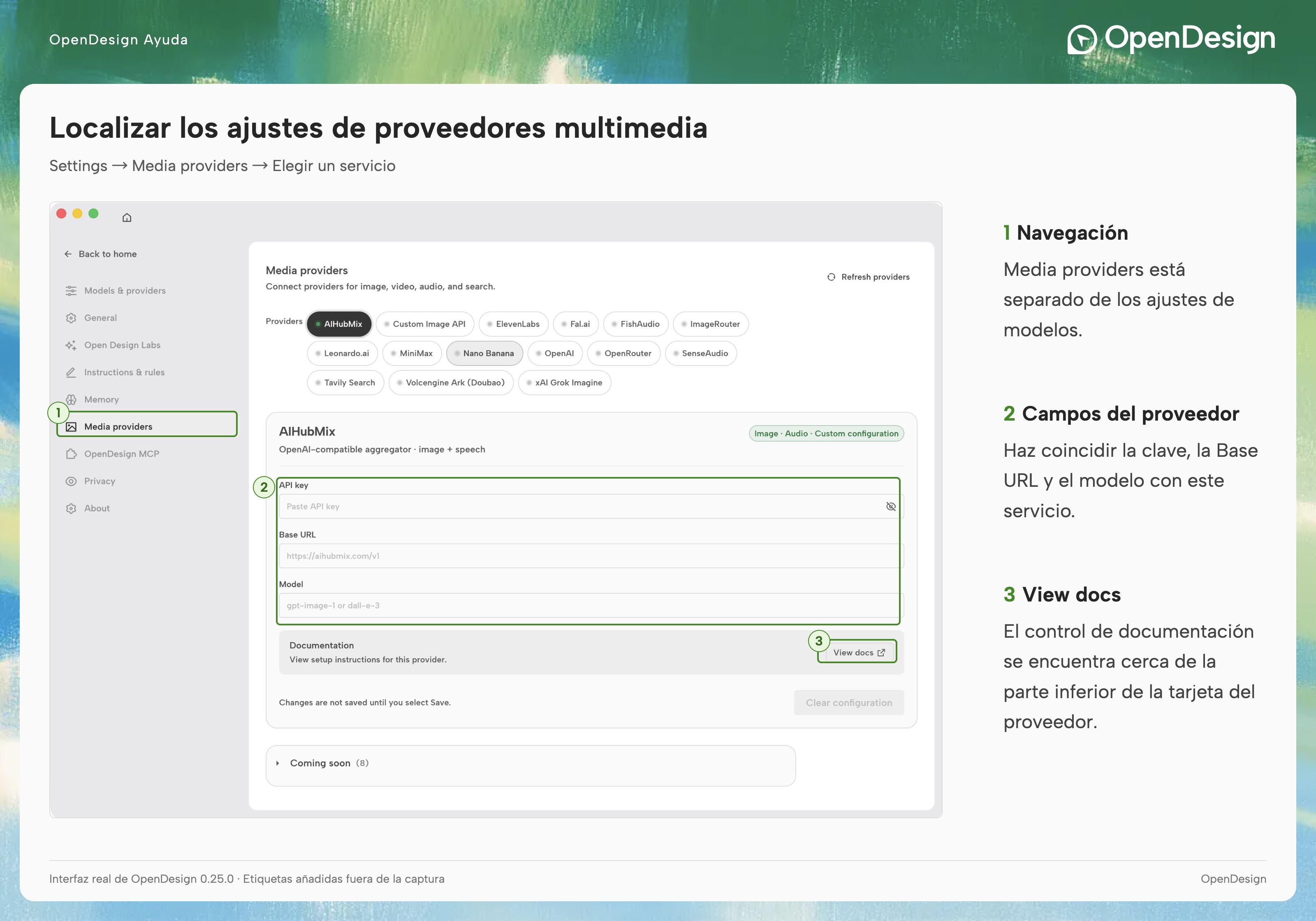 Configura el proveedor multimedia de forma independiente del modelo de texto; usa View docs (Ver documentación) para consultar los campos obligatorios.