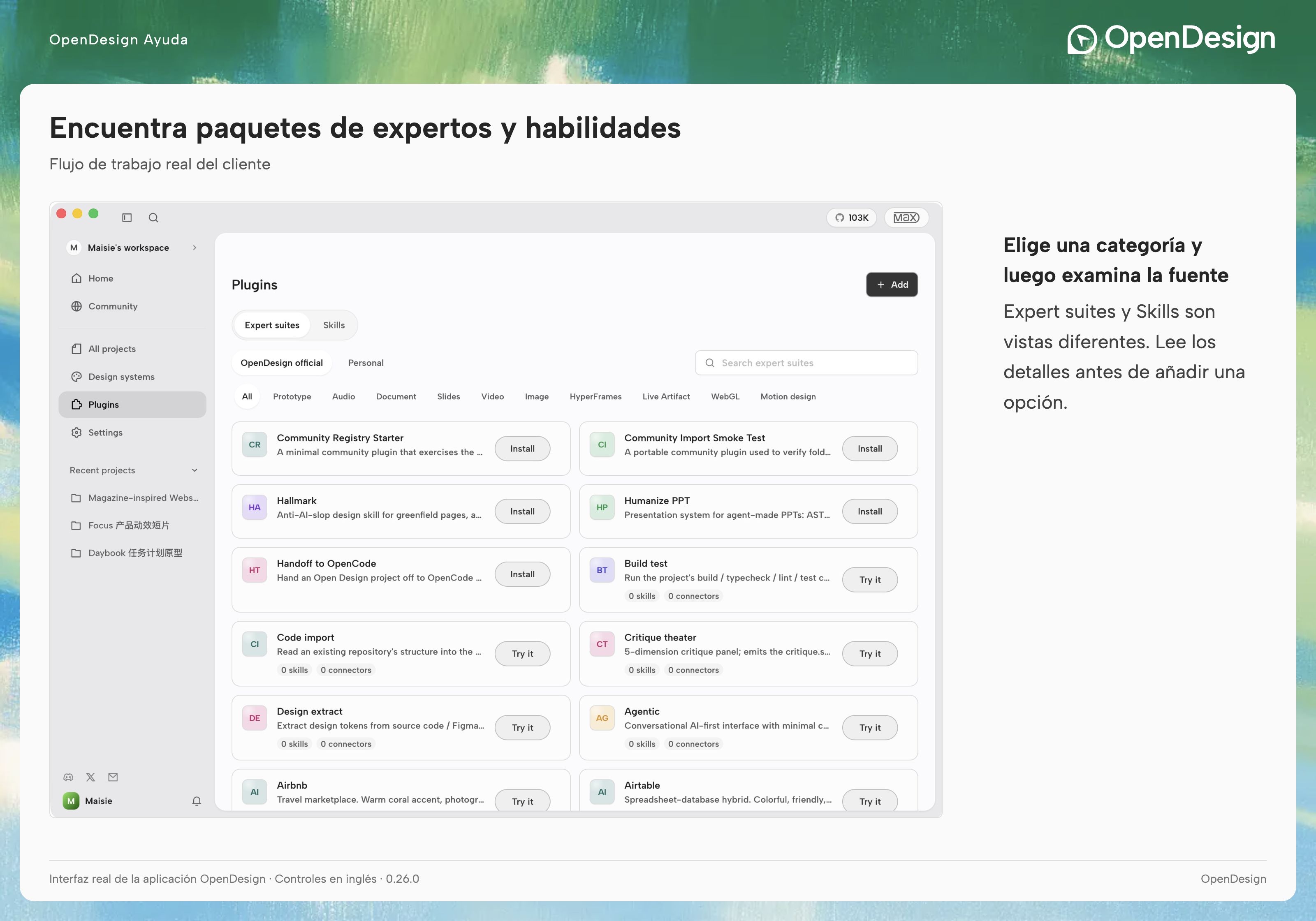 Pantalla Plugins con Expert suites, Skills y filtros de origen.