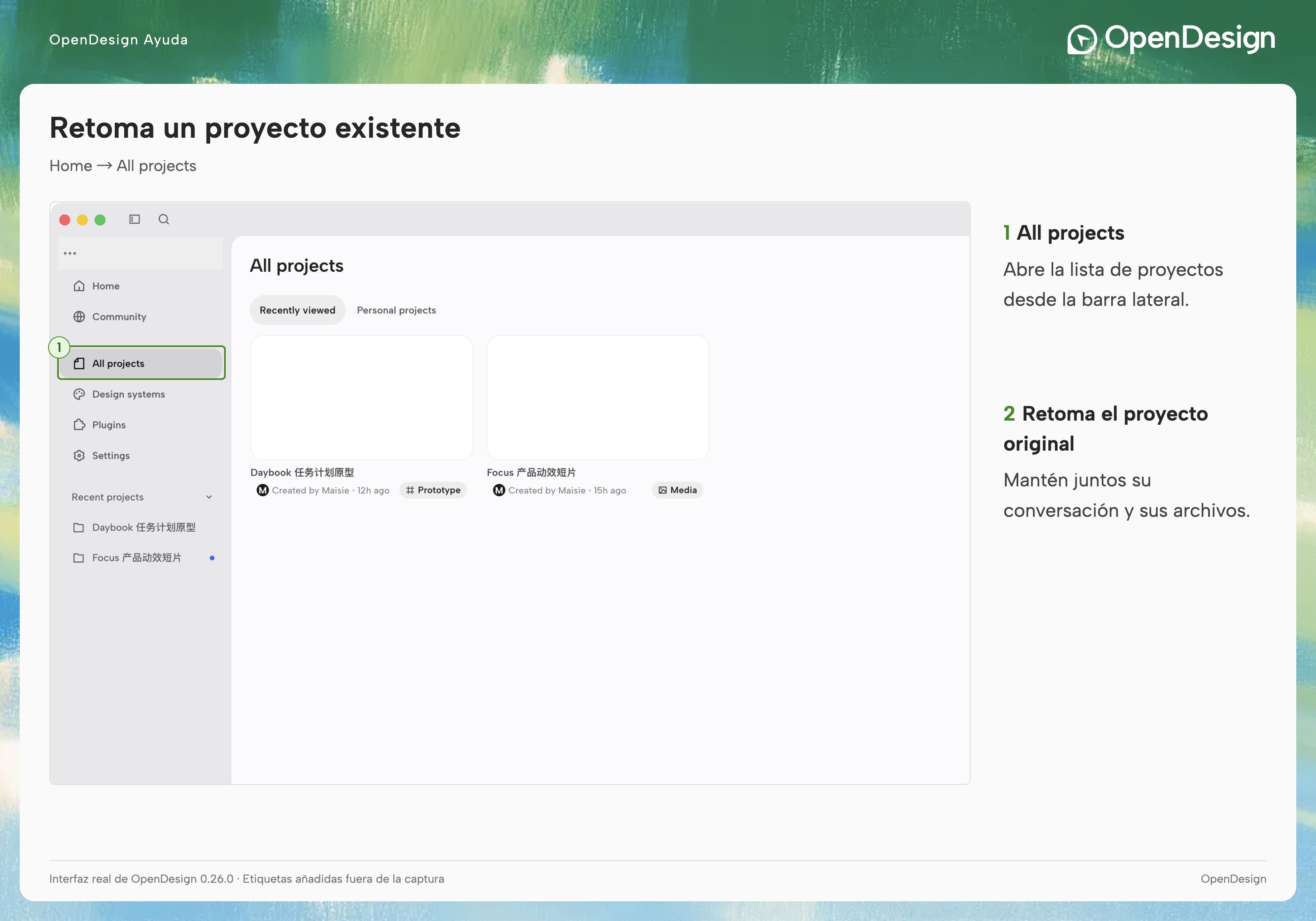Selecciona un proyecto existente en All projects (Todos los proyectos) para continuar.