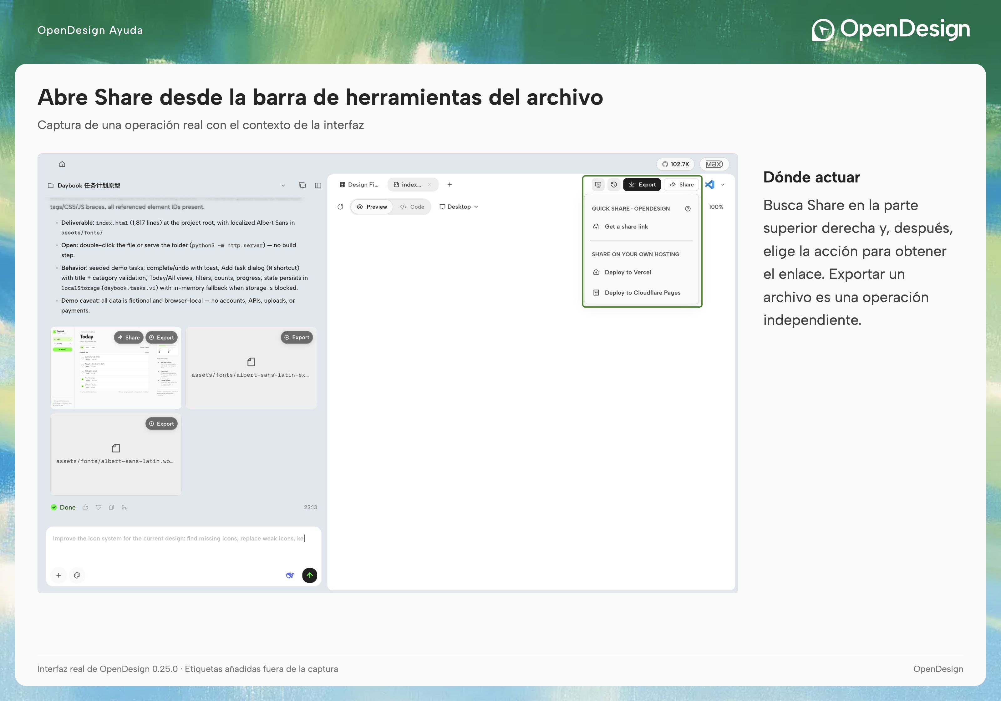 Localiza Share (Compartir) y las acciones para publicar, copiar o retirar el enlace de un artefacto.