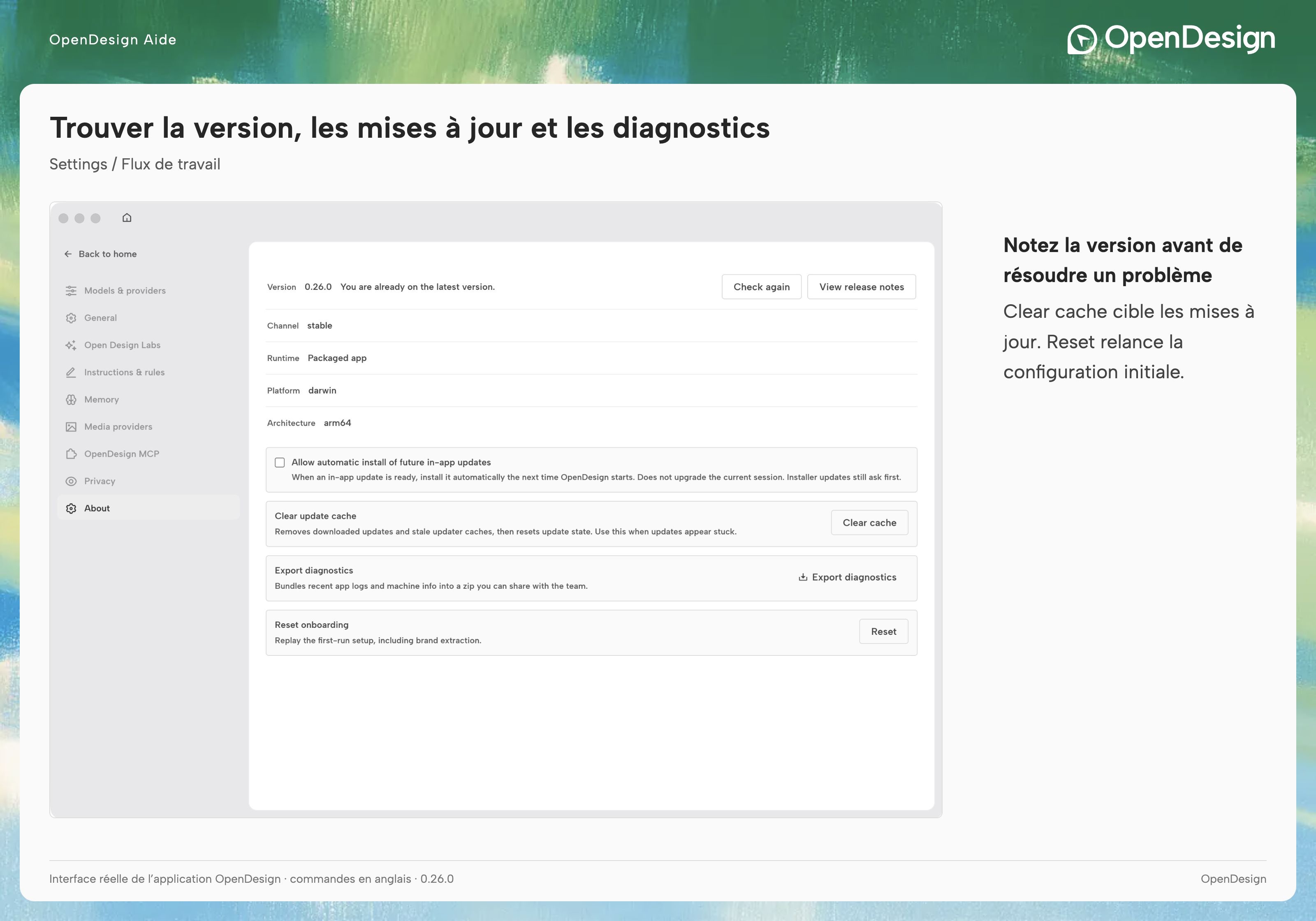 About avec les détails de version, les actions de mise à jour et les diagnostics