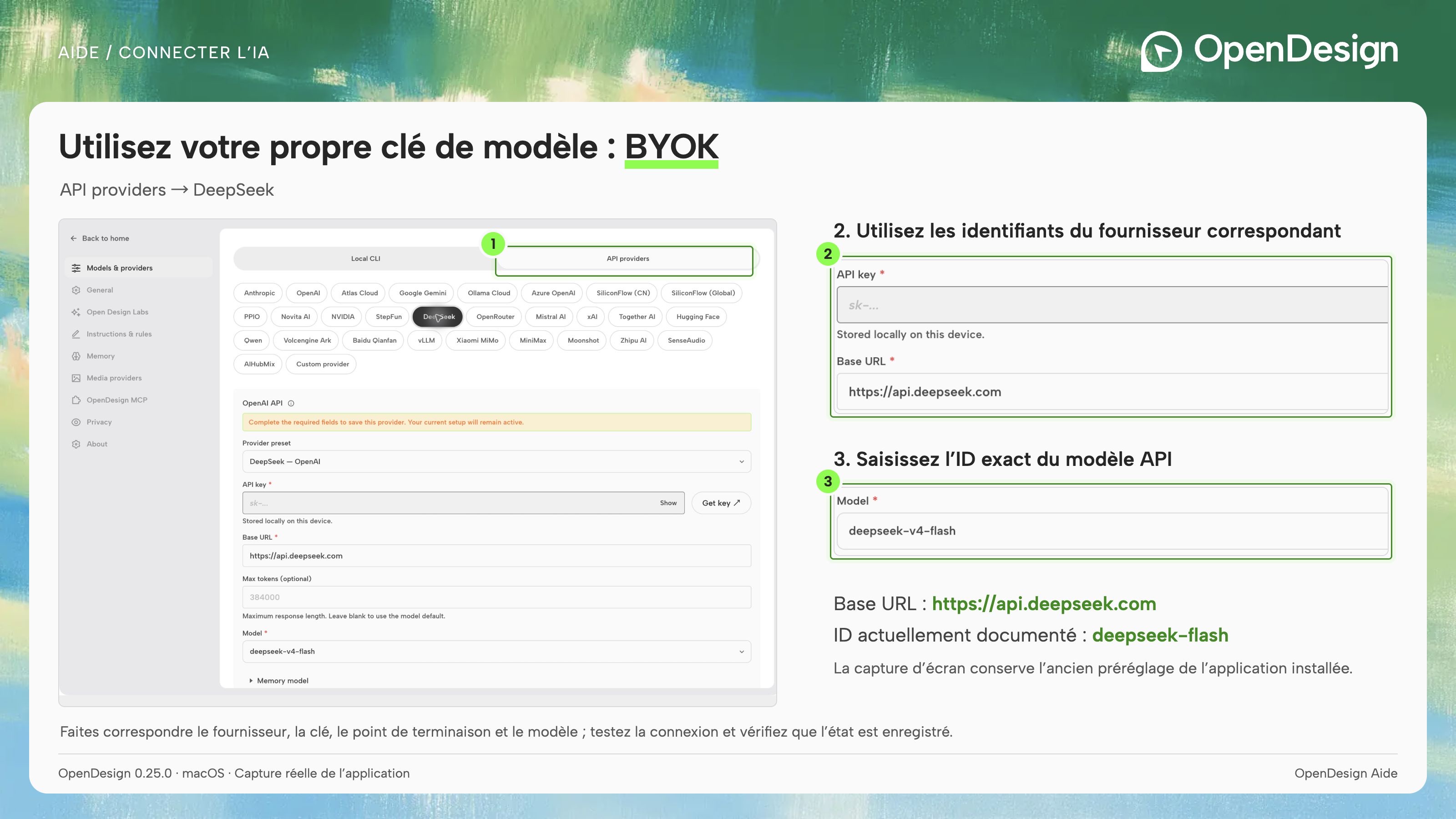Sélectionnez le fournisseur, puis faites correspondre sa clé, l’URL de base de son API et son modèle.