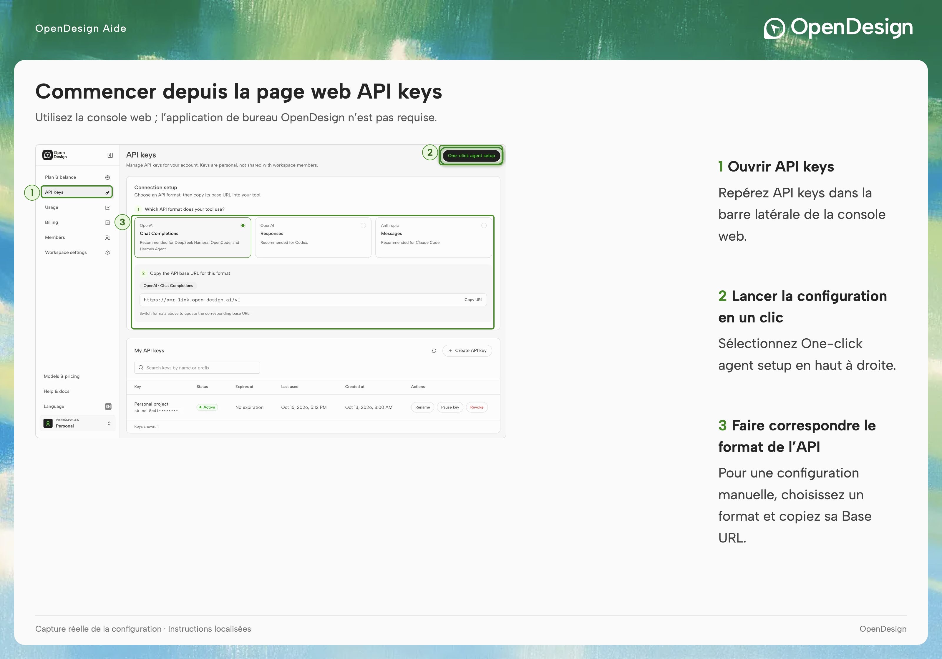 La page API keys complète : One-click agent setup se trouve en haut à droite ; Connection setup contient les formats d’API et leurs URL de base.
