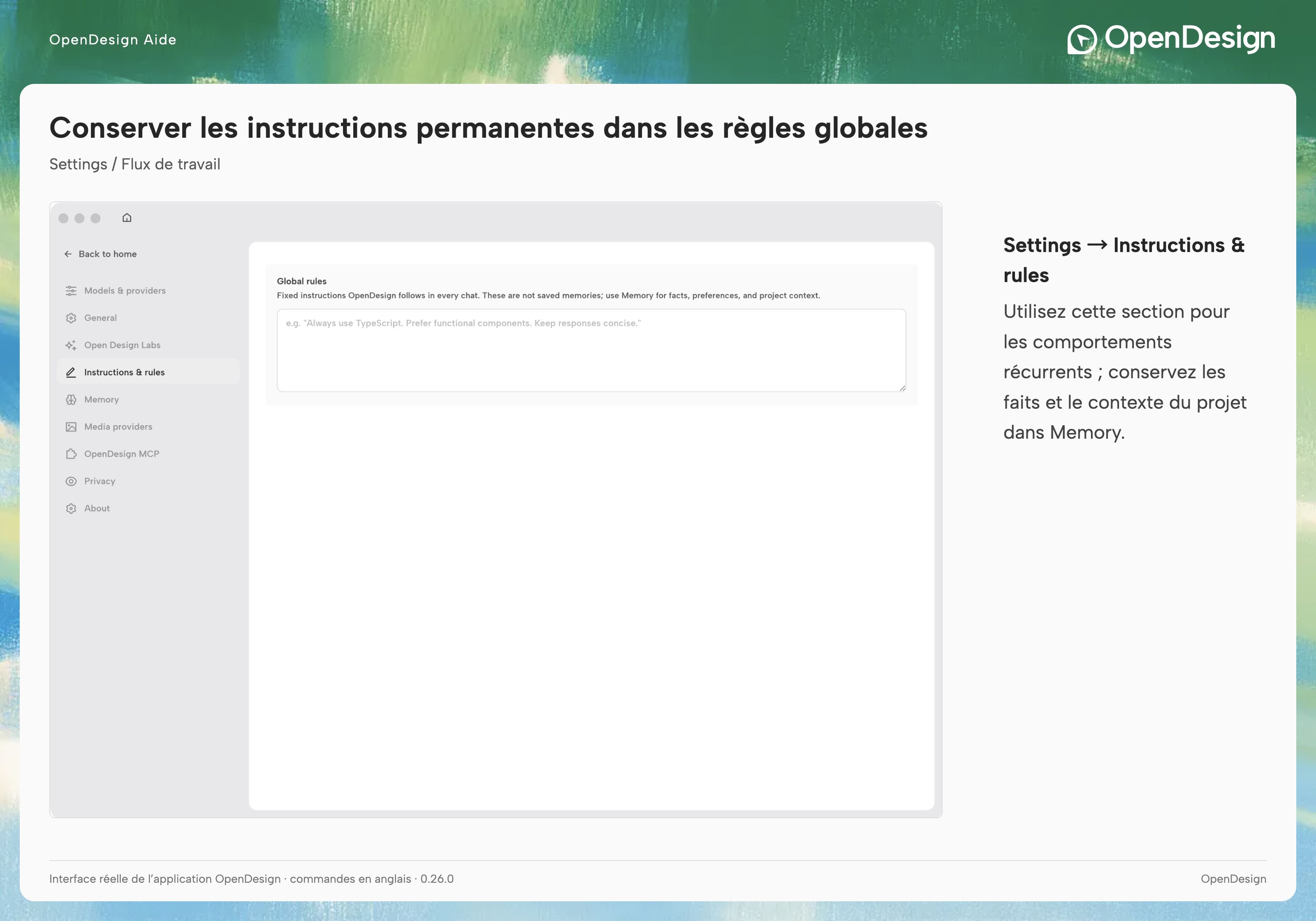 Global rules définit un comportement fixe ; la page redirige les faits et préférences réutilisables vers Memory.