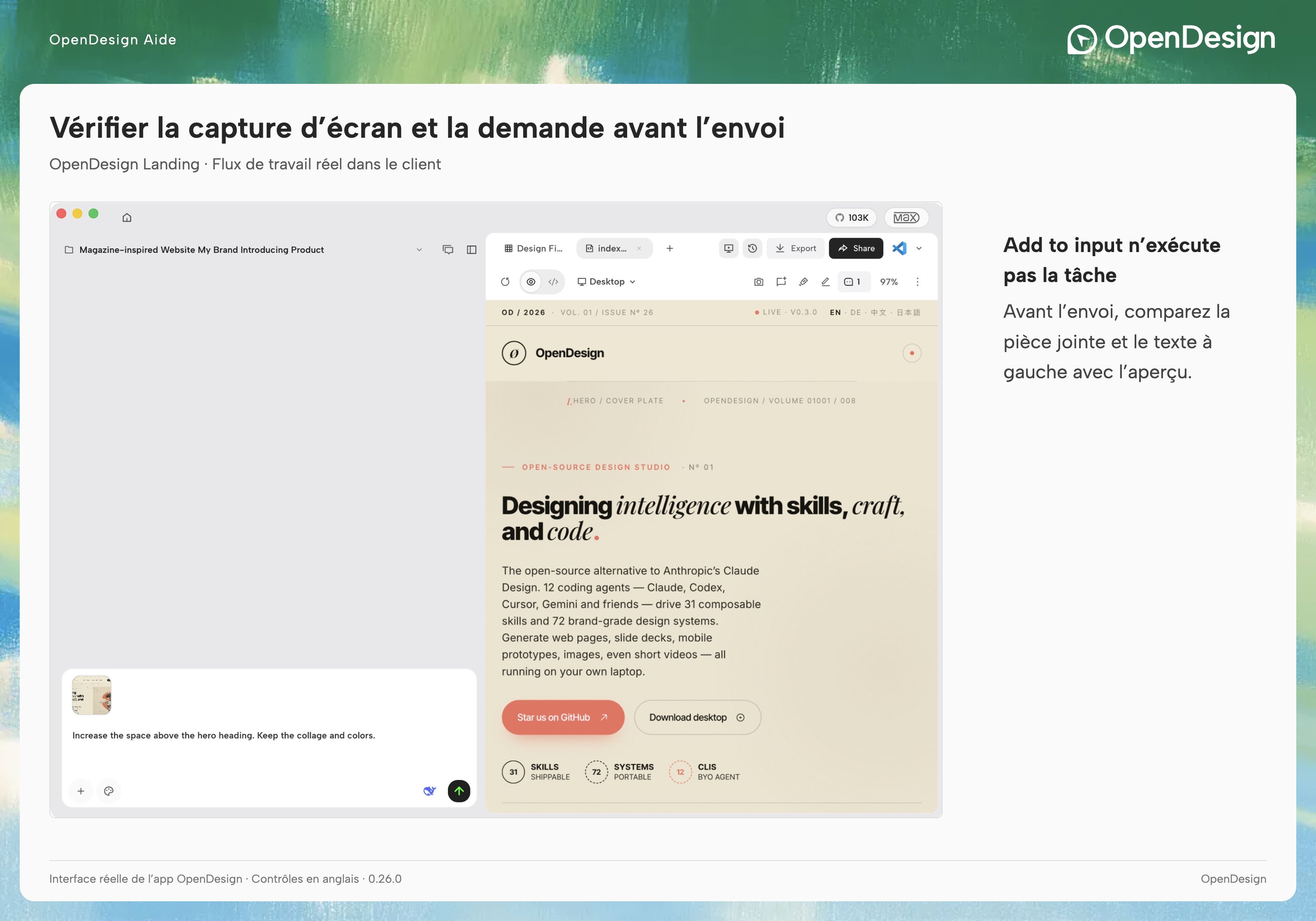 La capture d’écran réellement jointe et l’instruction dans la zone de rédaction de la conversation.