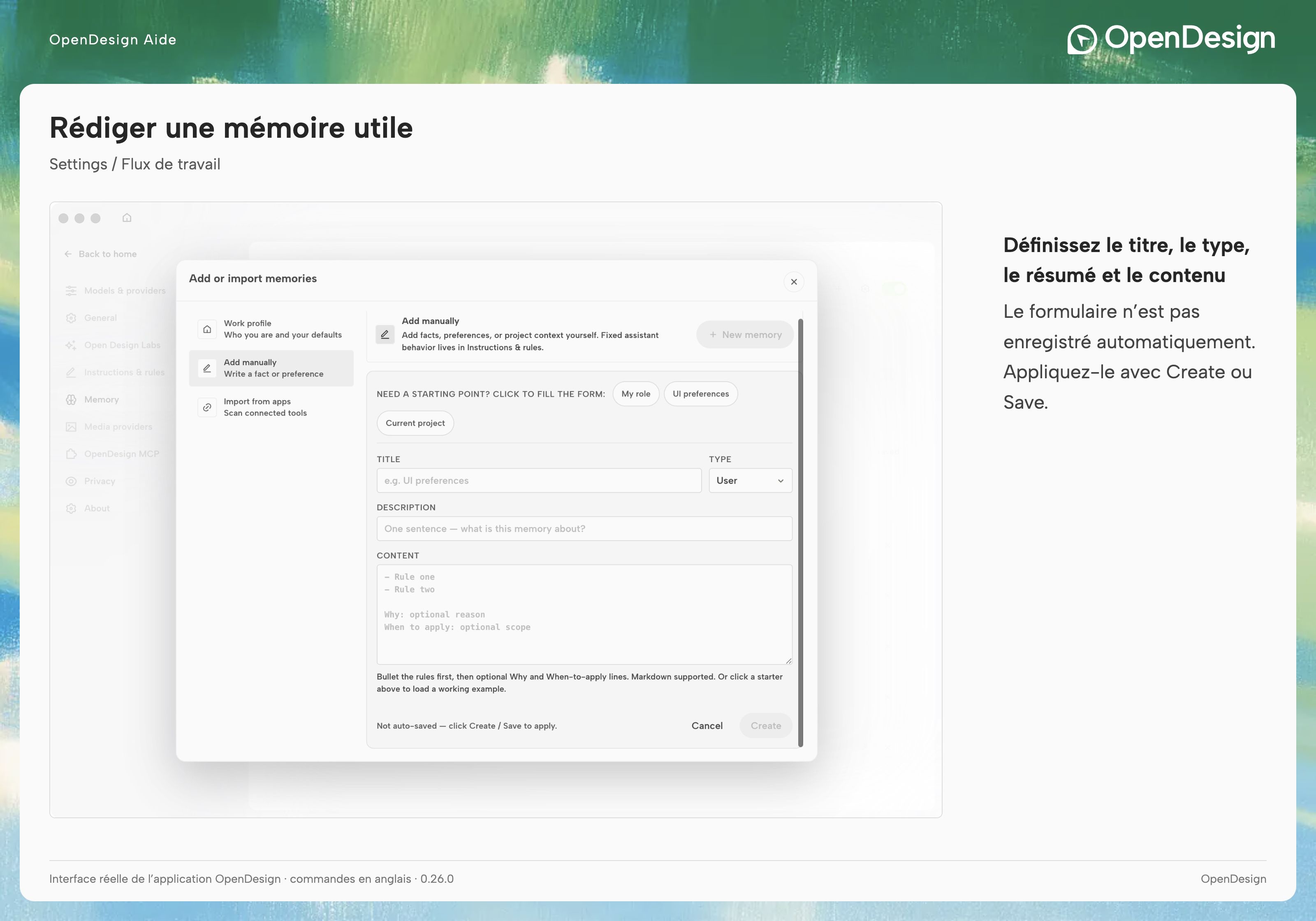 L’éditeur manuel comporte un titre, un type, une description et du contenu Markdown, ainsi que des contrôles d’enregistrement explicites.