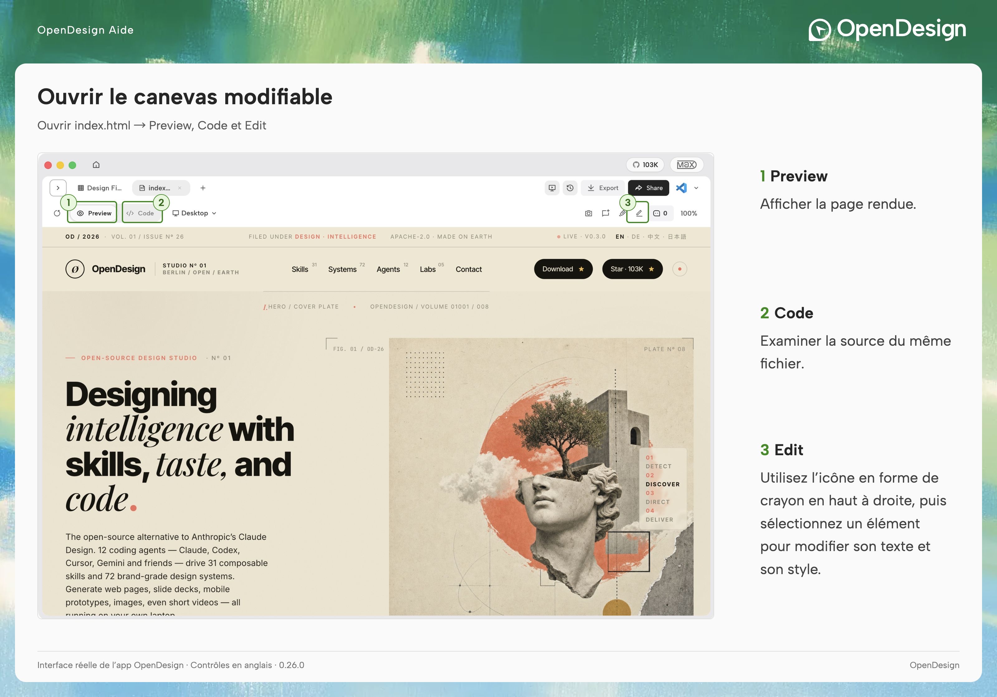 La page Landing OpenDesign modifiable avec la véritable barre d’outils de l’application.