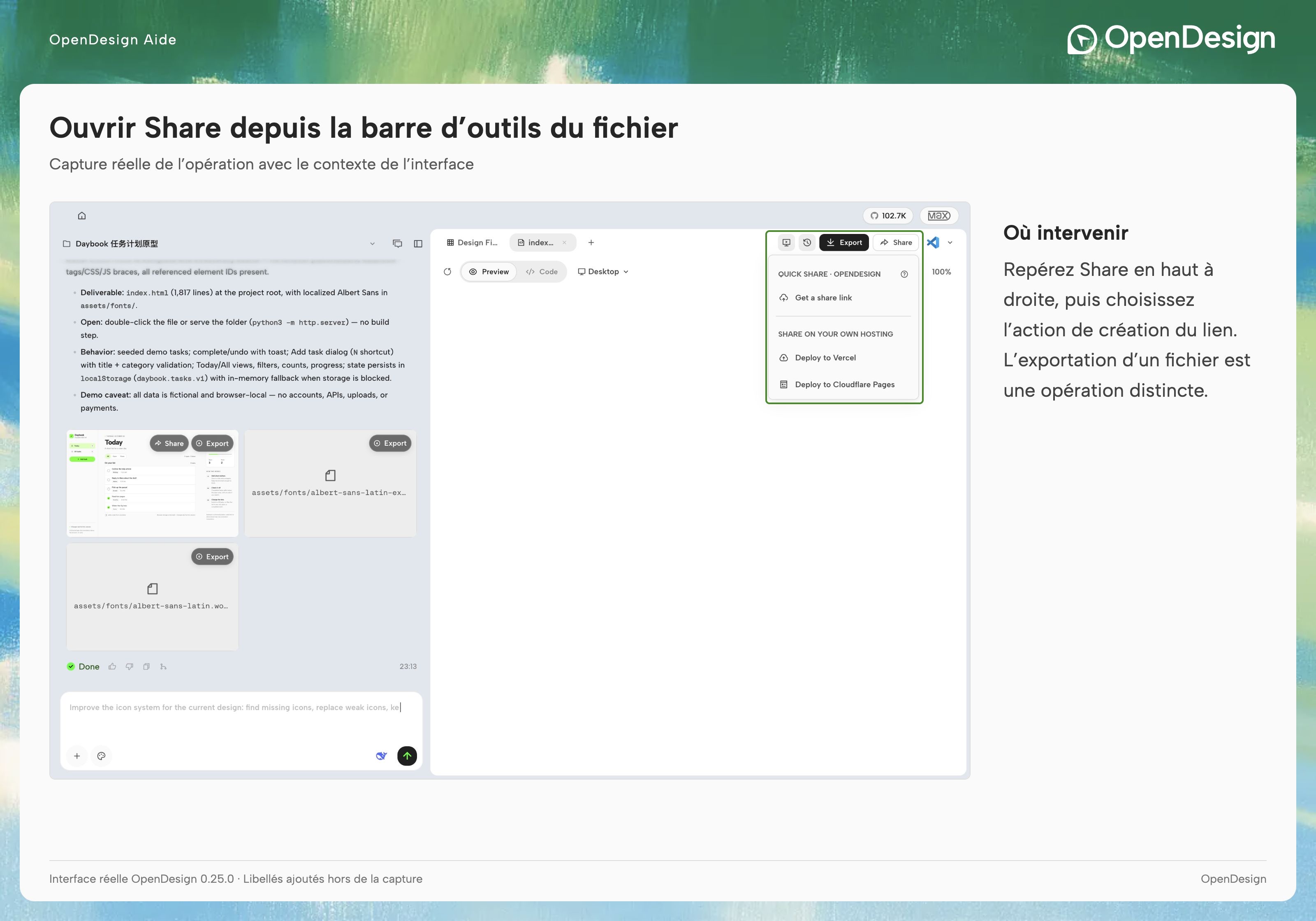 Repérez Share et les actions permettant de publier, copier ou retirer un lien vers un artefact.