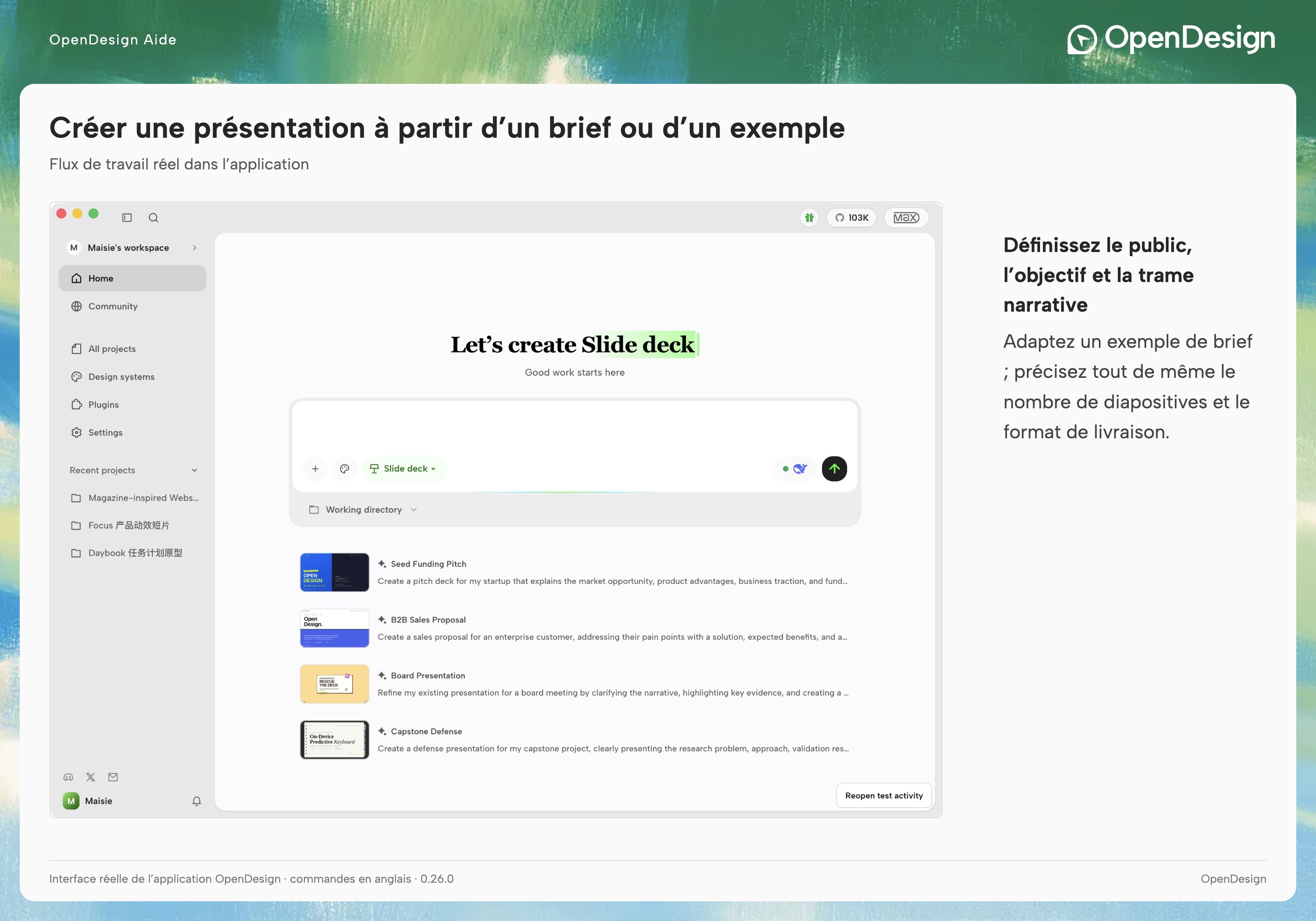 Slide deck sélectionné dans Home avant la saisie d’un brief de présentation