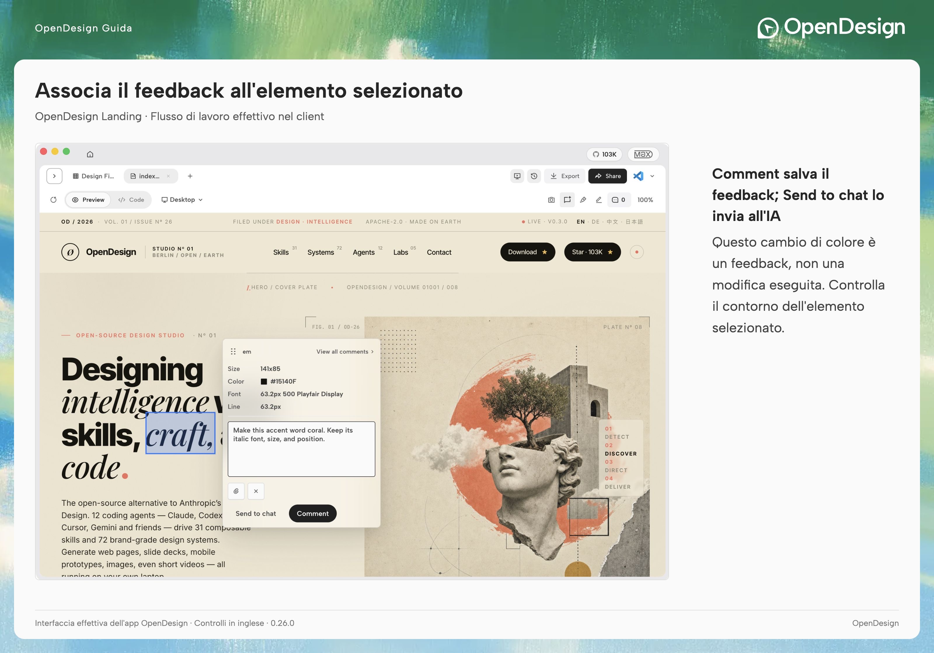 Un commento sull’elemento della parola in evidenza della landing page OpenDesign.