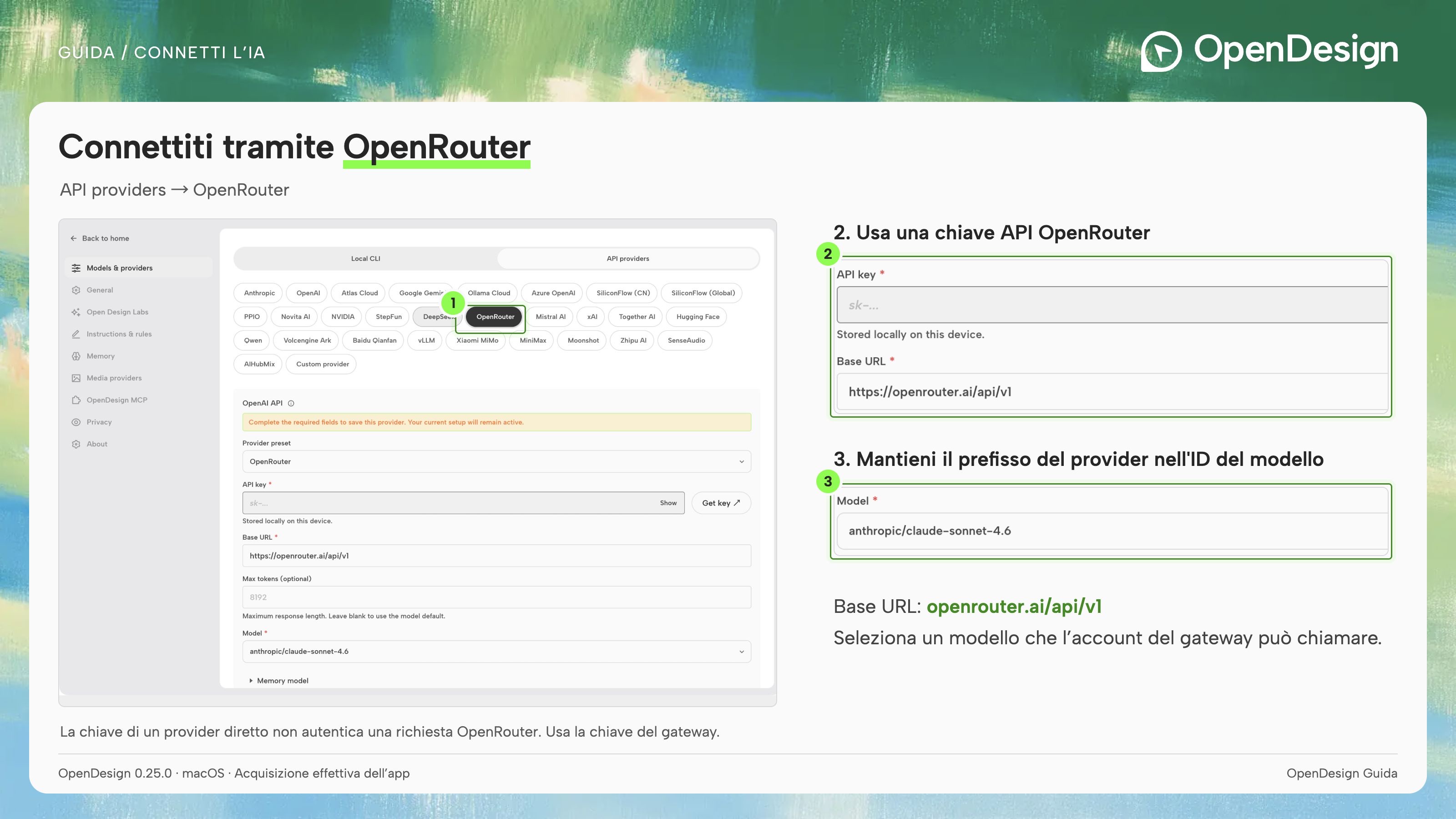 OpenRouter usa una chiave propria, un indirizzo gateway e ID modello con prefisso del provider.