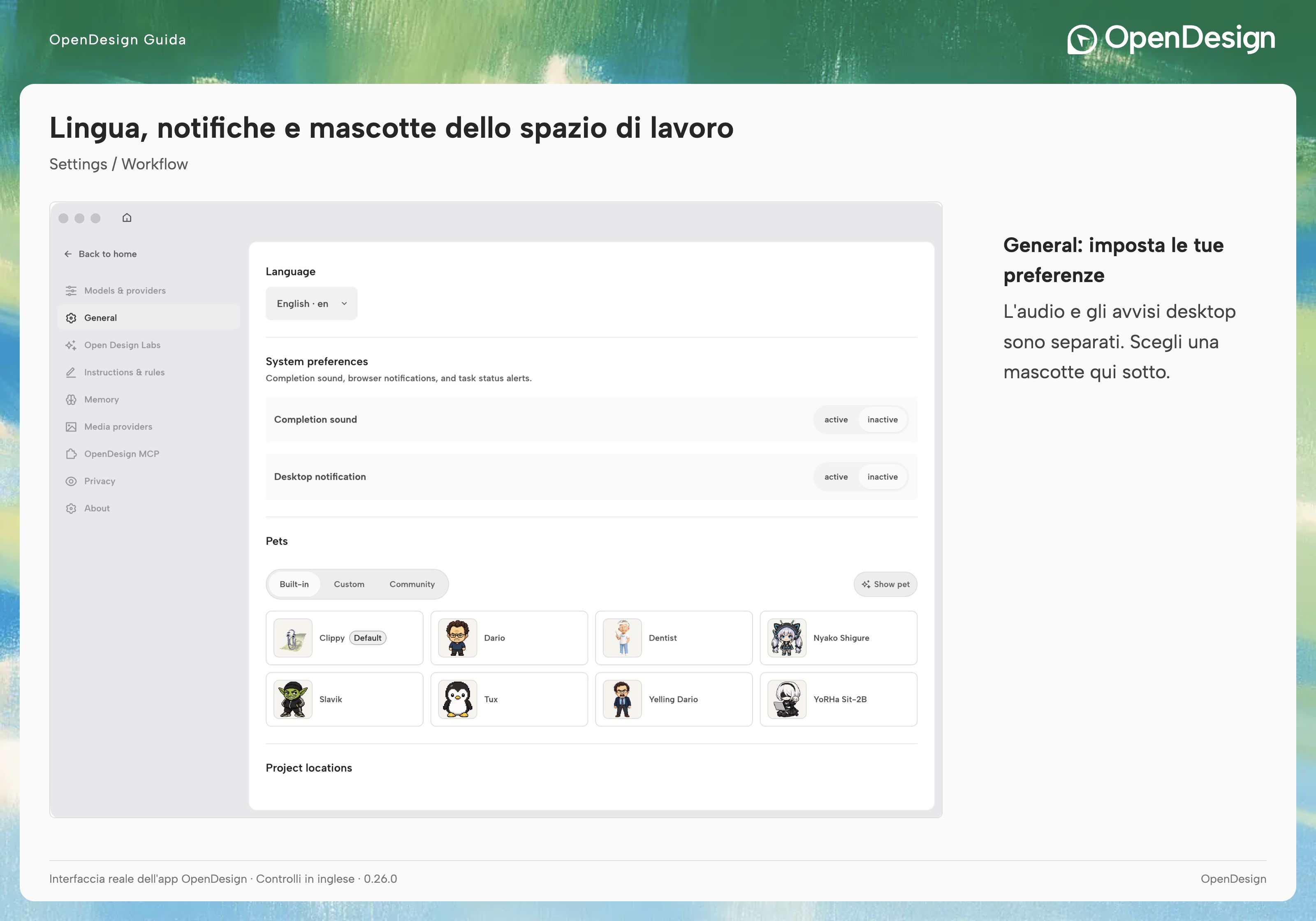 Impostazioni General con lingua, audio, notifiche, pet e posizioni dei progetti