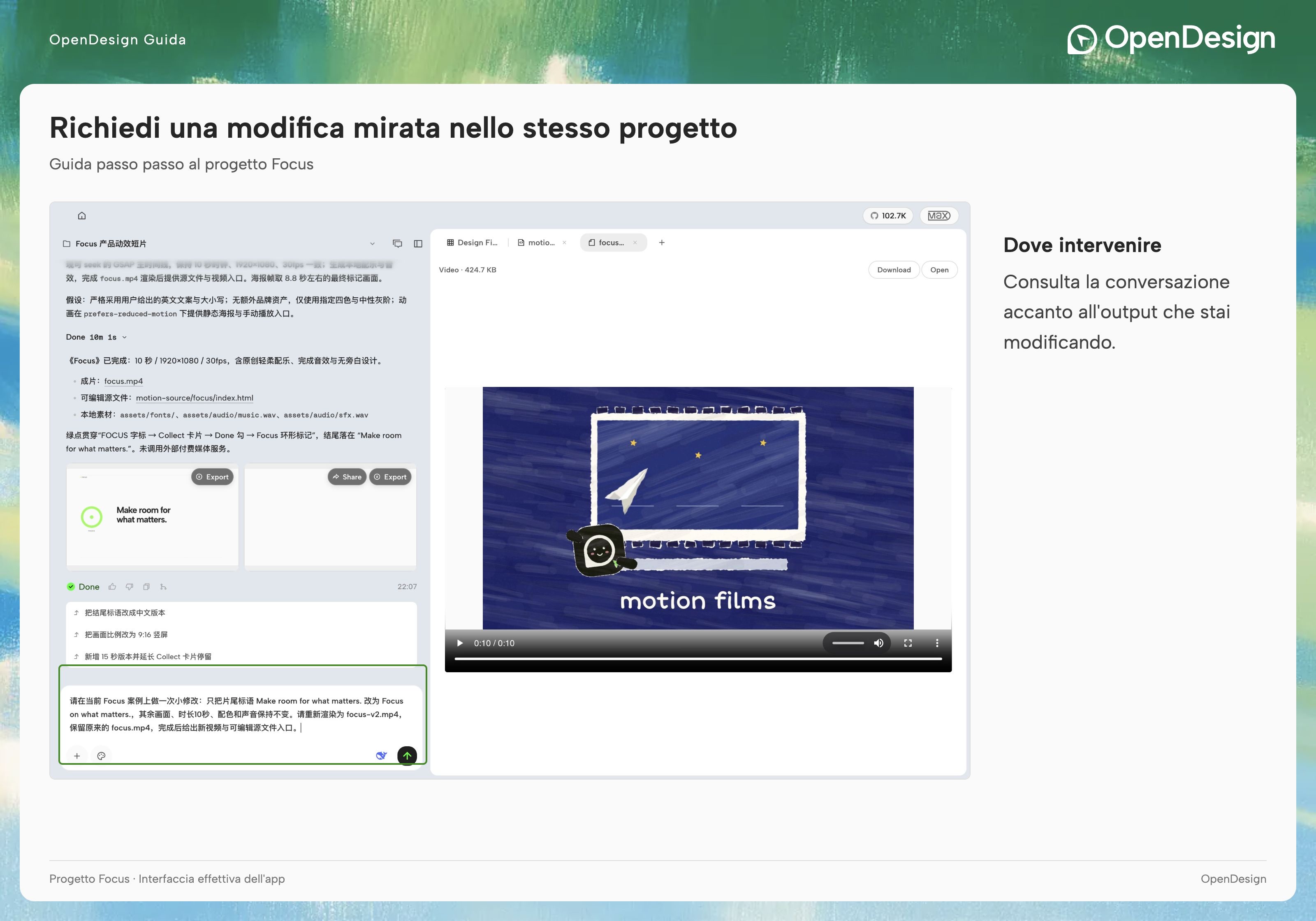 Interfaccia originale del client con un esempio di motion design blu dipinto a mano inserito in compositing.