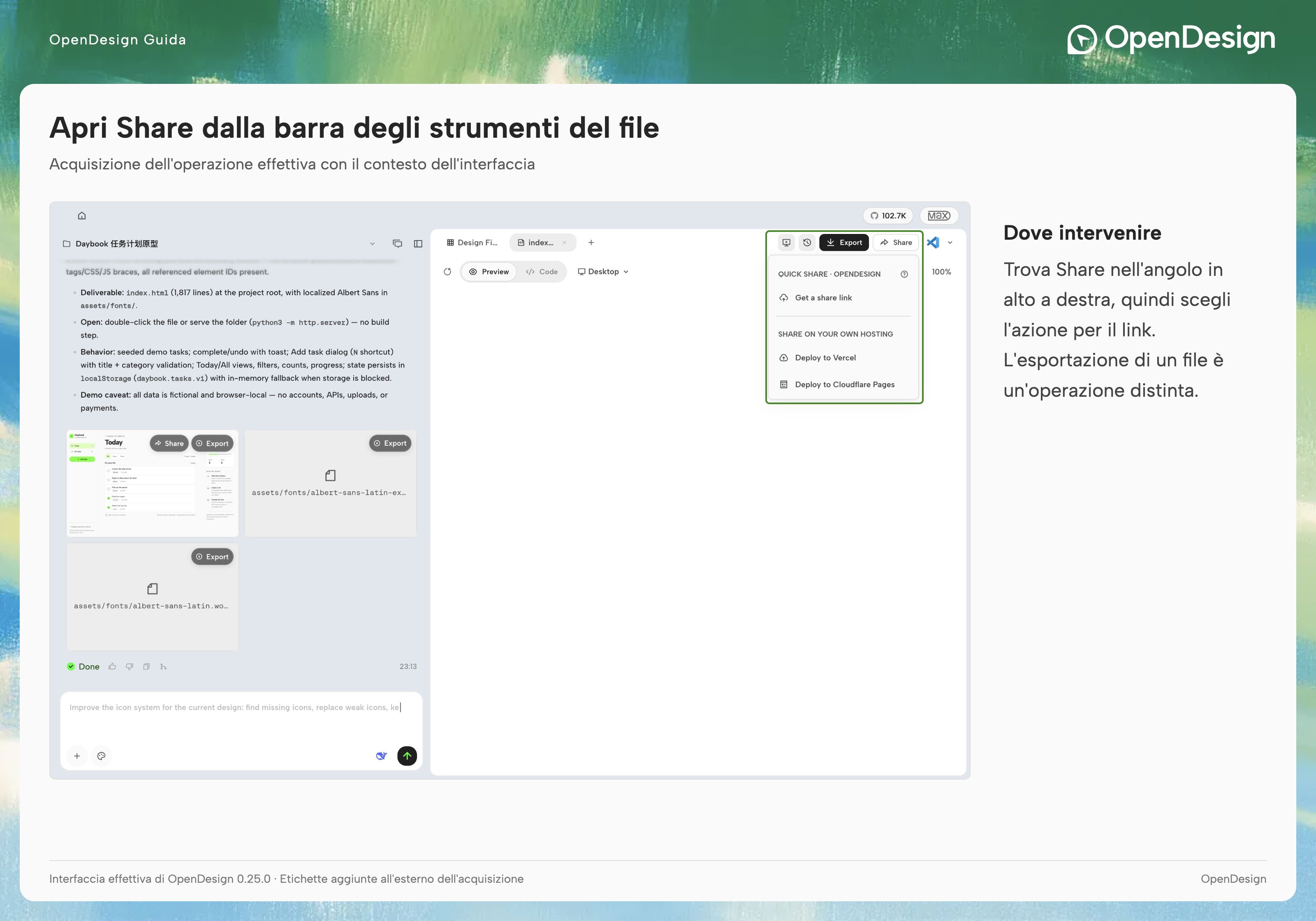 Individua Share e le azioni per pubblicare, copiare o revocare un link all’artefatto.