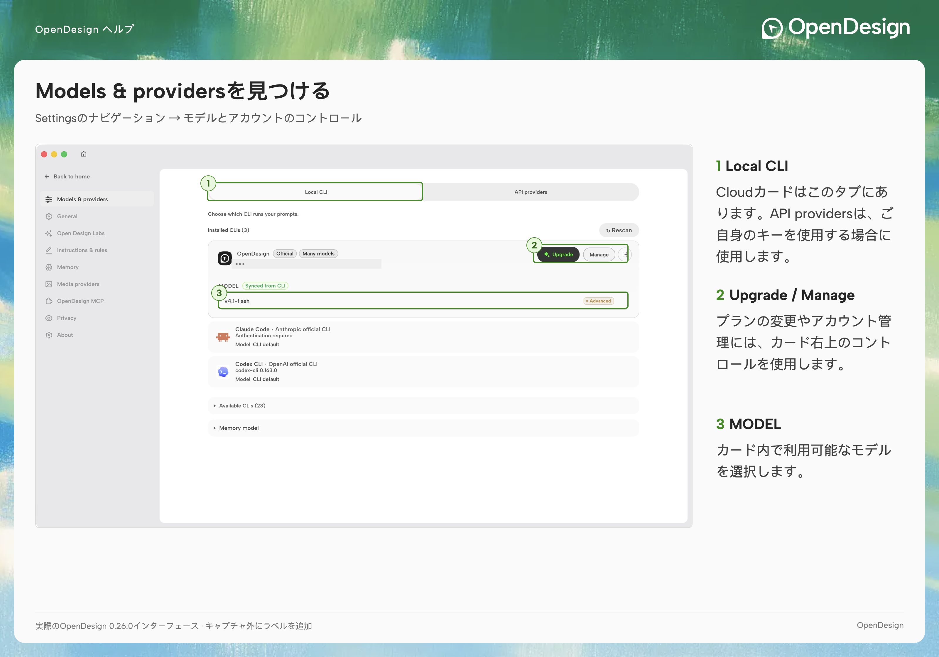 OpenDesignのSettingsナビゲーションとModels & providersタブ。