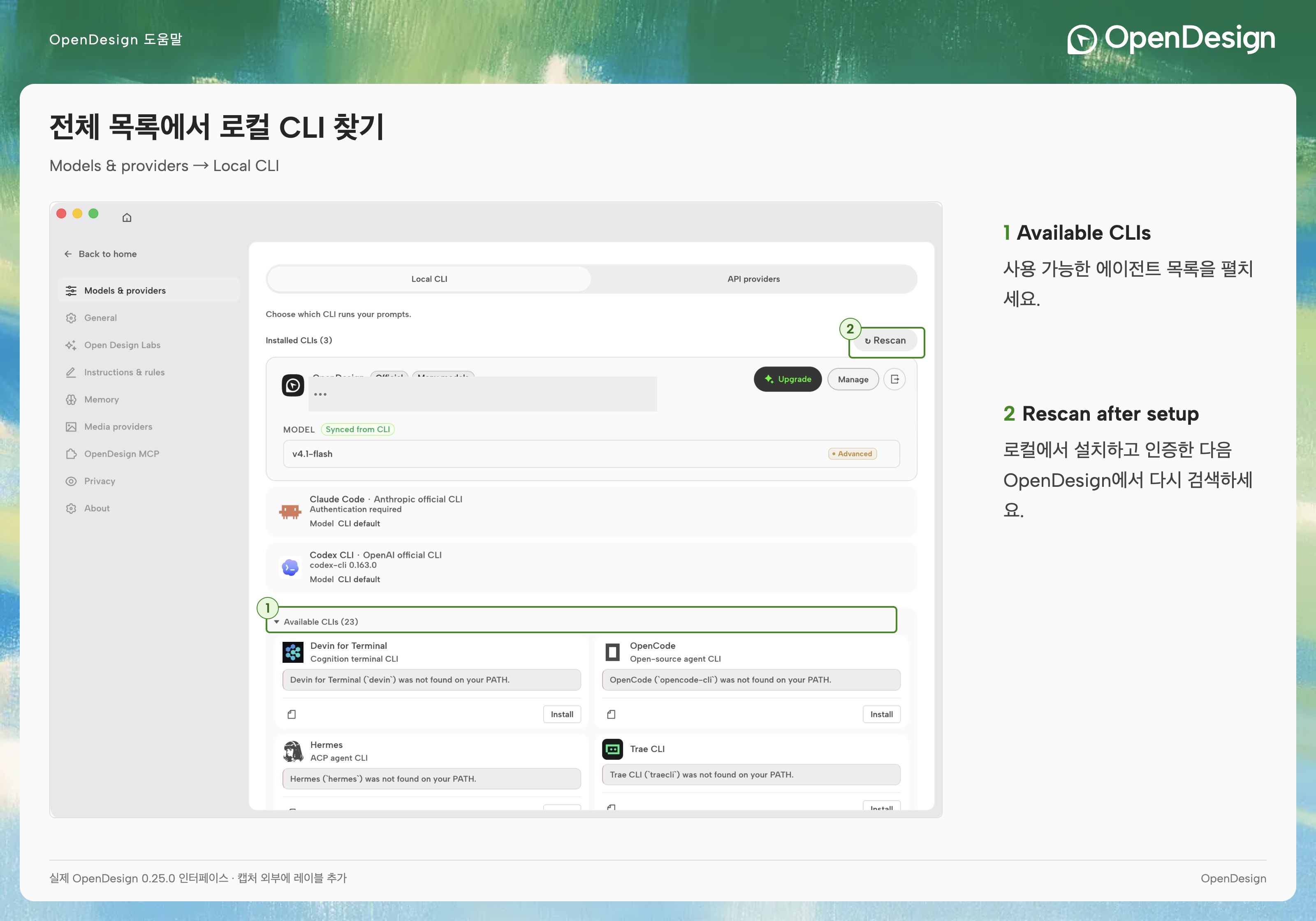 설치된 CLI를 찾고, 설정 후 다시 검색한 다음, 사용 가능한 에이전트와 모델을 선택합니다.