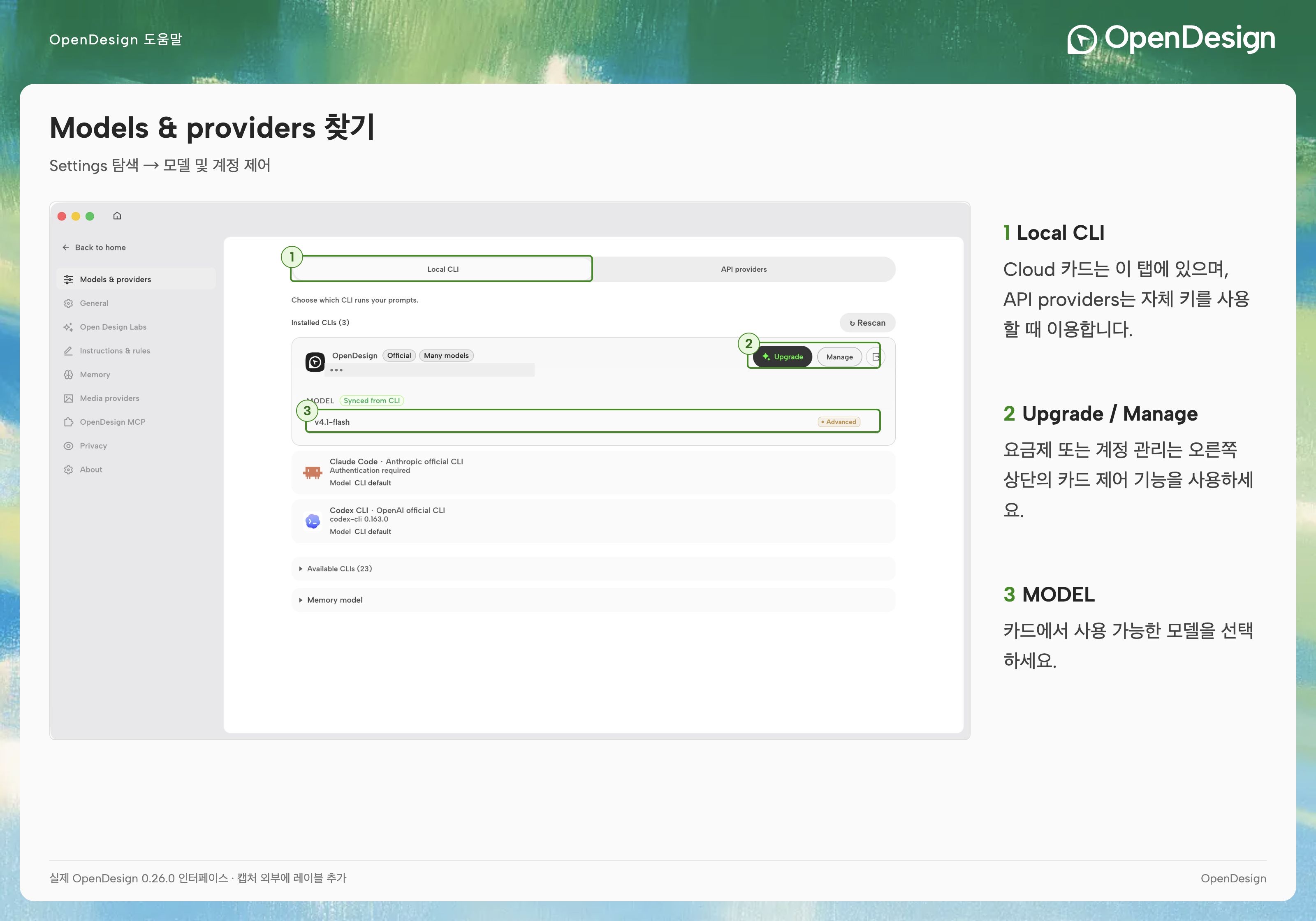 OpenDesign 설정 탐색 메뉴와 Models & providers 탭.