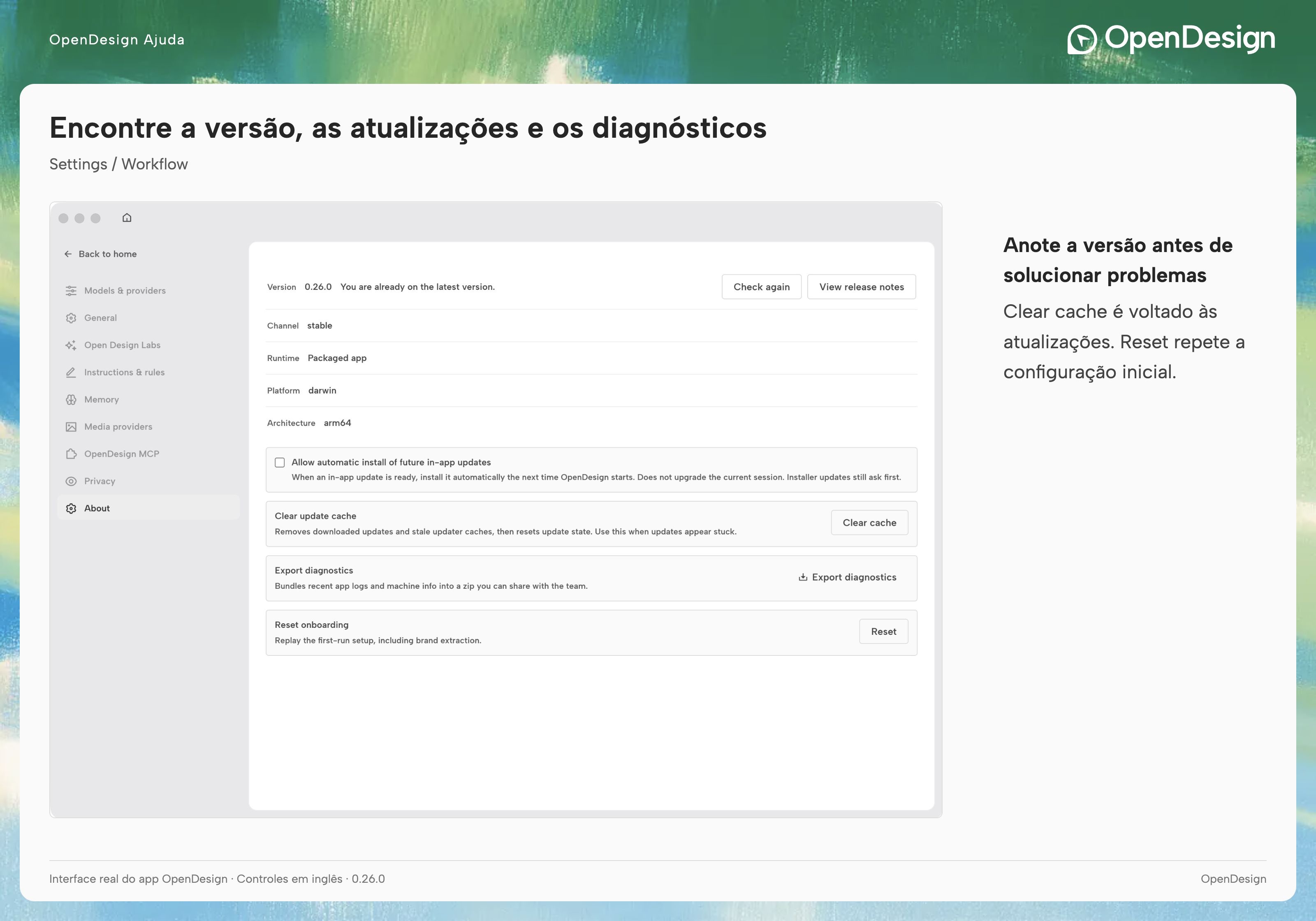 About com detalhes da versão, ações de atualização e diagnósticos