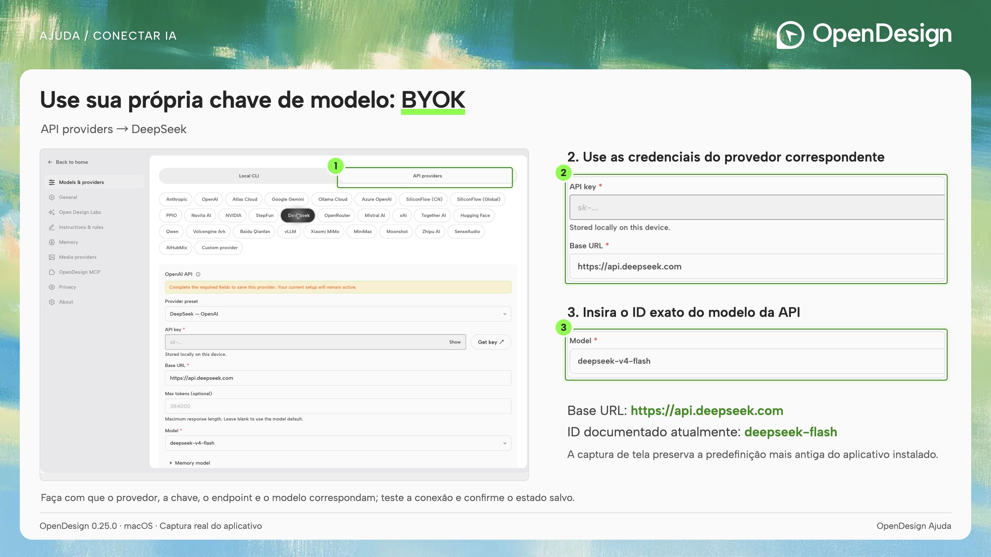 Selecione o provedor e faça a correspondência entre a chave, a Base URL da API e o modelo.