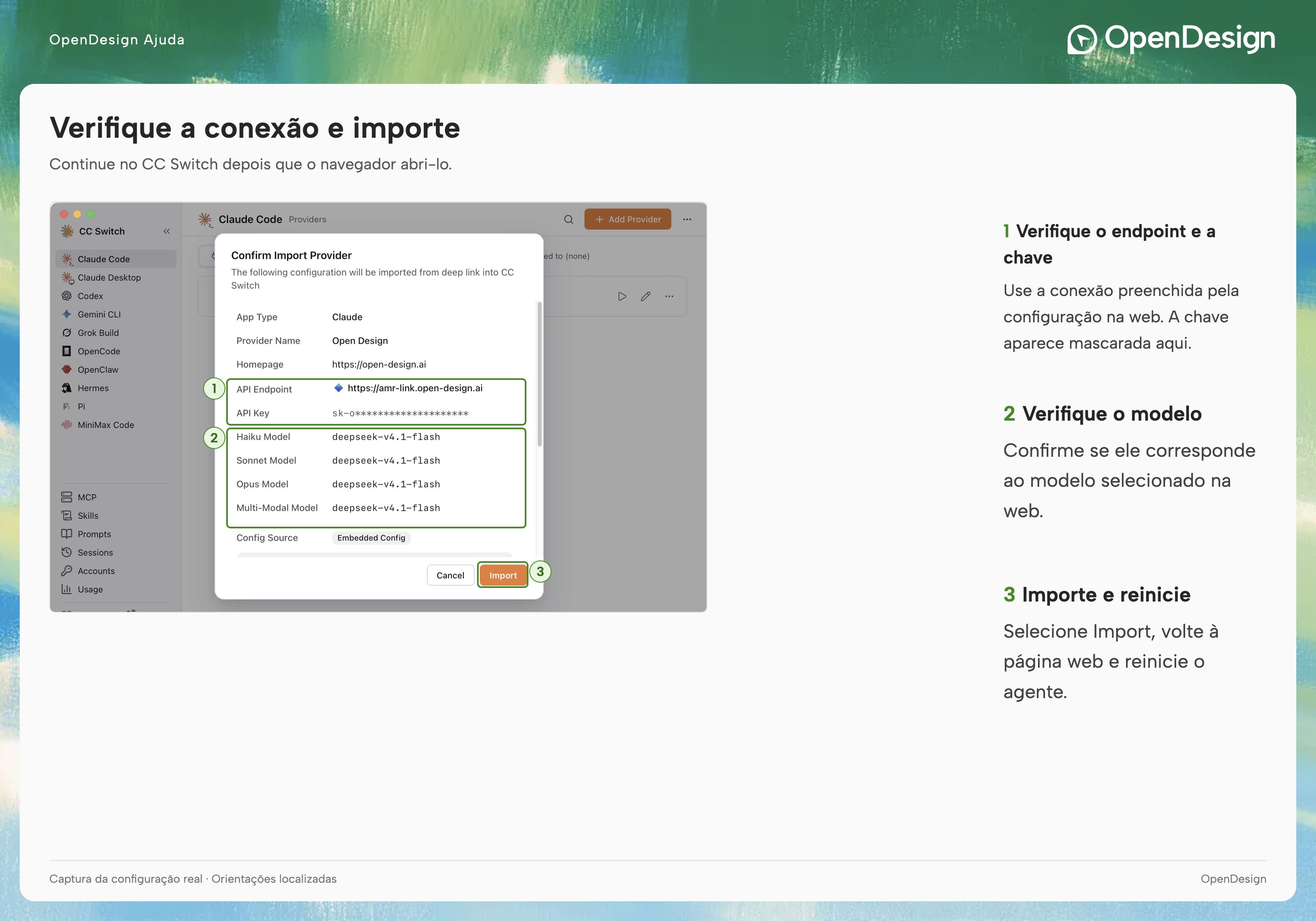 A janela de confirmação do CC Switch: verifique o endpoint e o modelo antes de importar. A chave nesta captura de tela está mascarada.