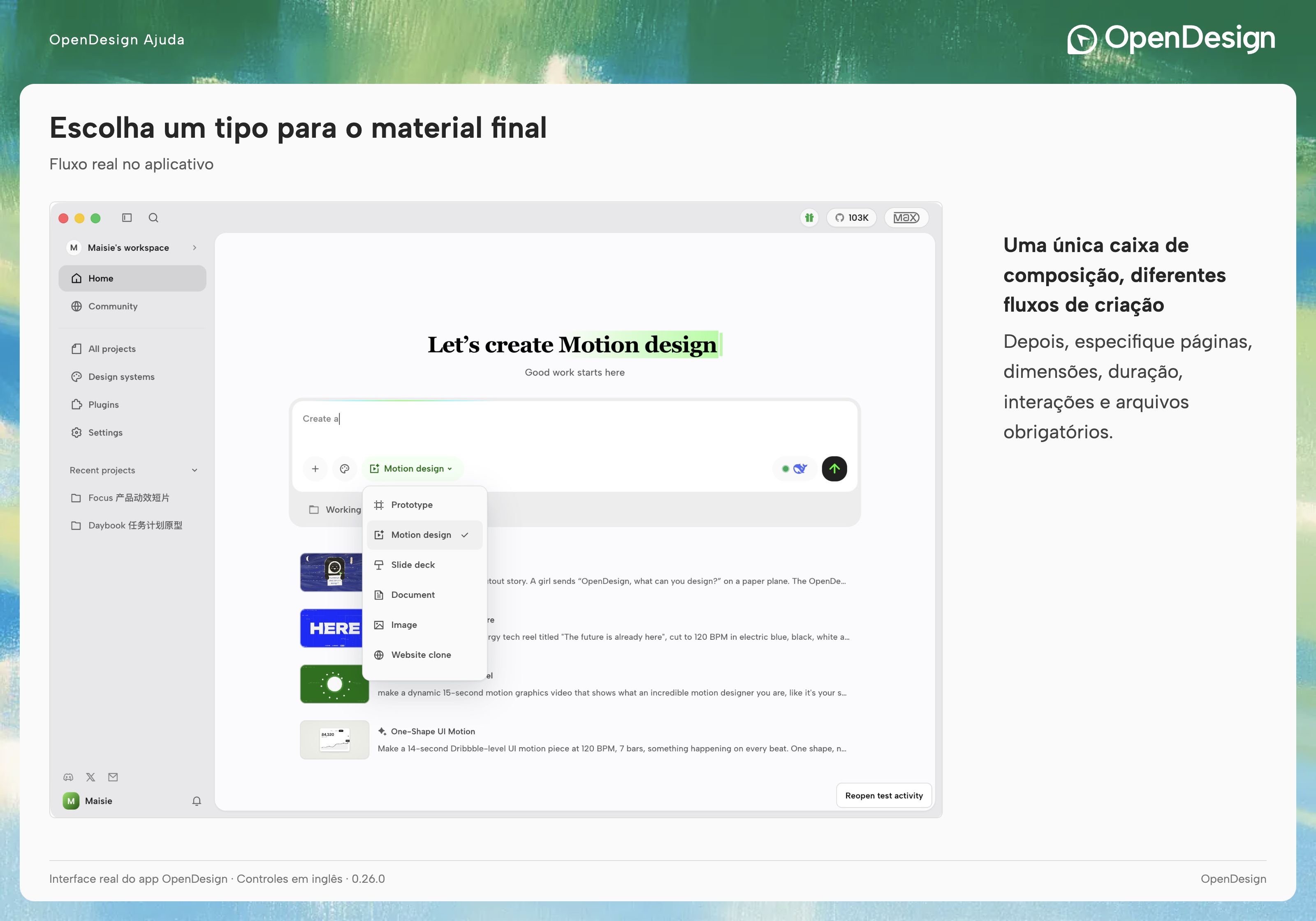 Menu de tipos de criação em Home com os fluxos de trabalho disponíveis