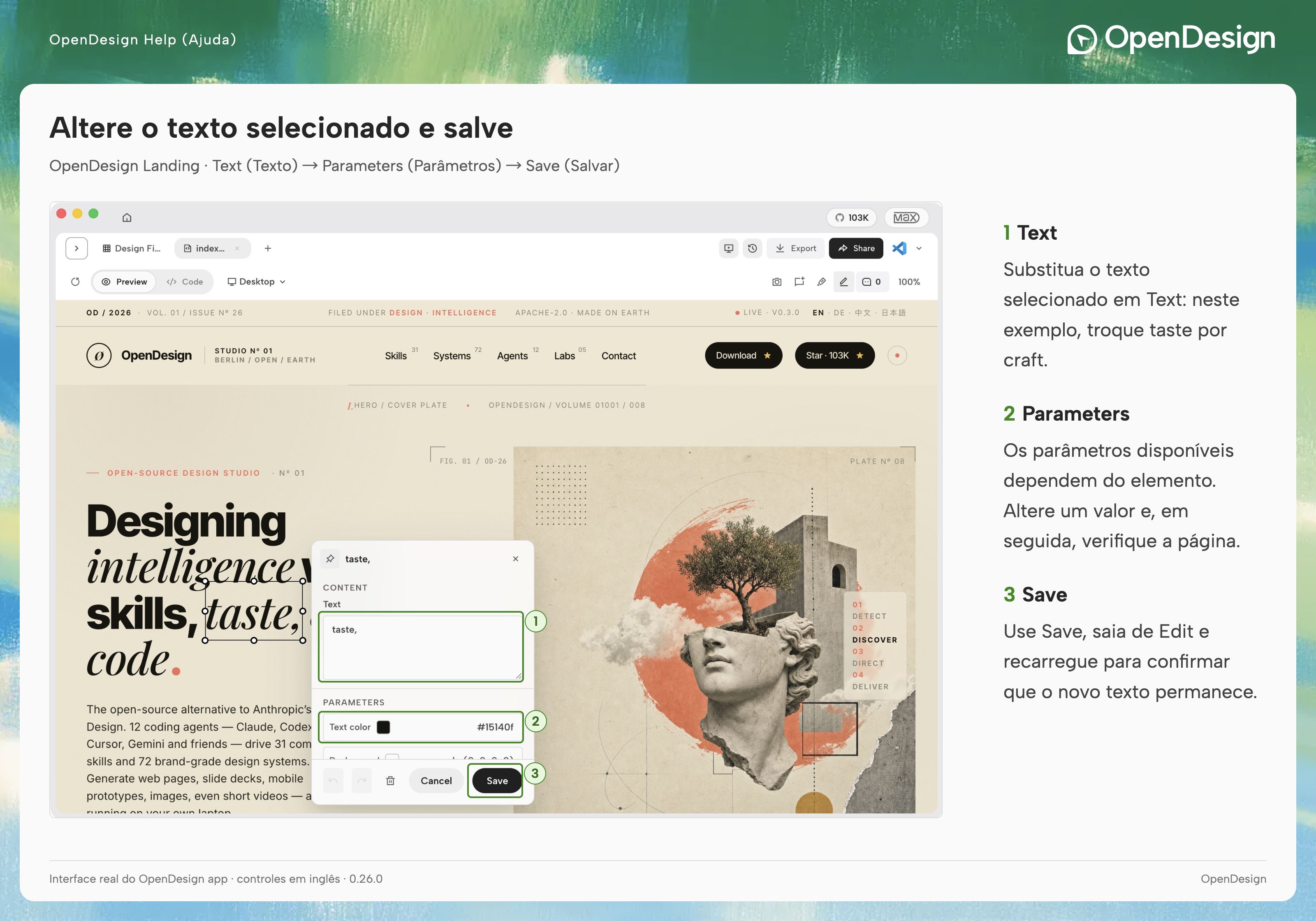 Text, parâmetros contextuais e Save no editor de landing page do OpenDesign.