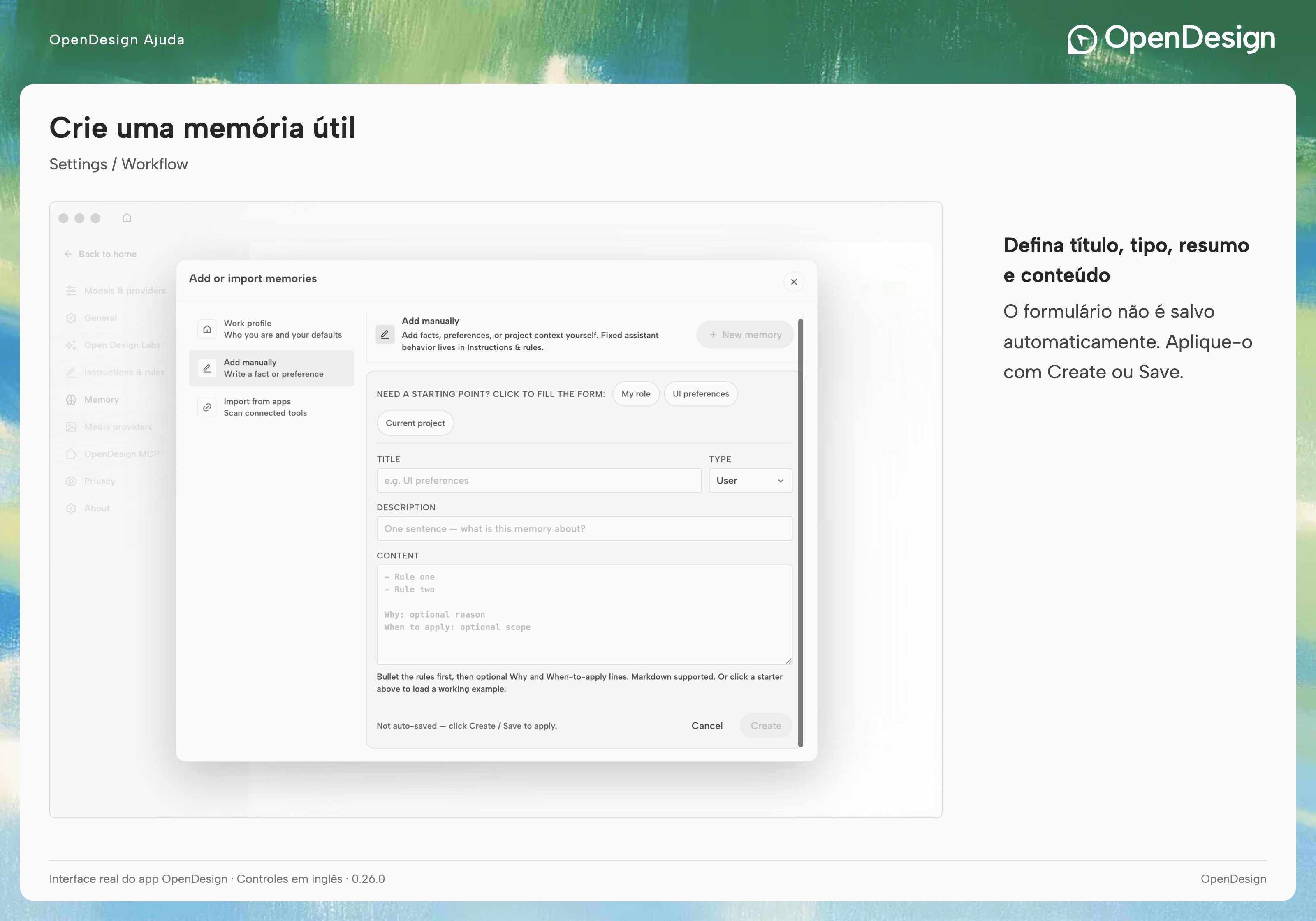 O editor manual contém título, tipo, descrição e conteúdo em Markdown, com controles explícitos para salvar.