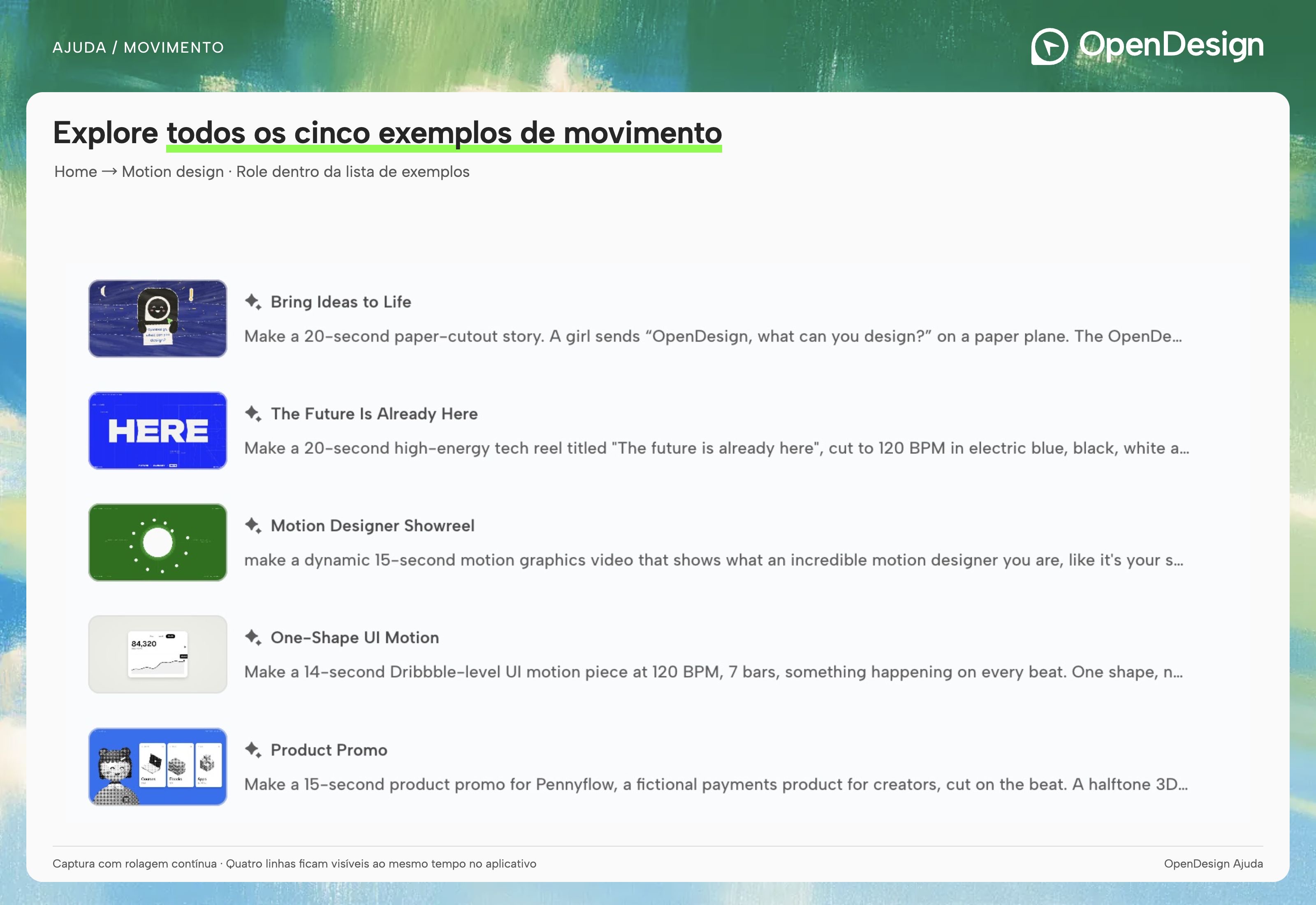 Cinco exemplos integrados de Motion design mostrados em uma captura contínua com rolagem.