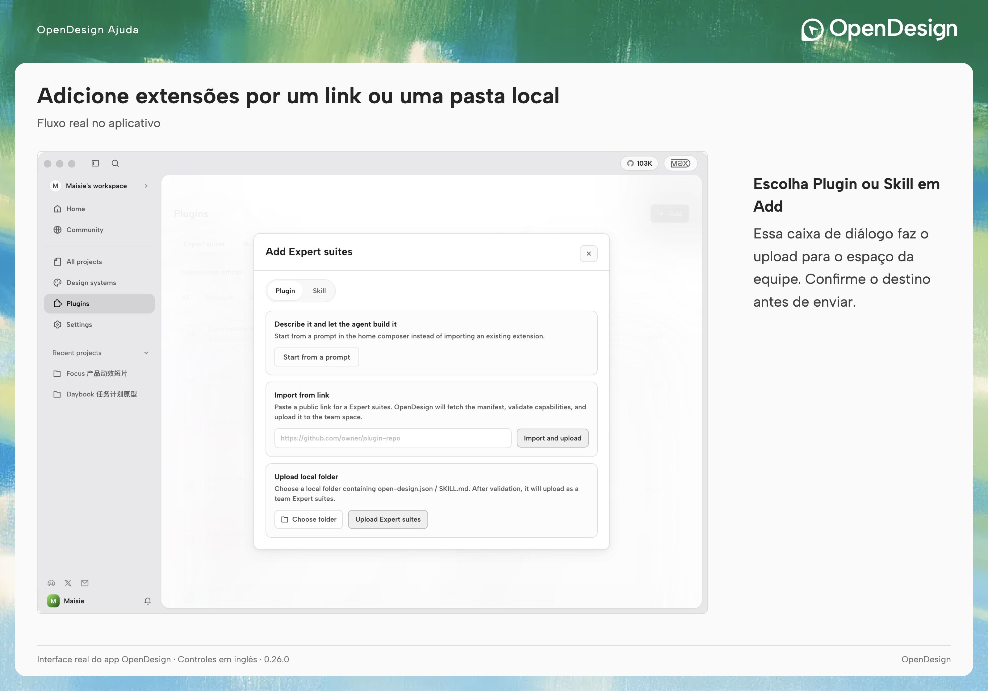 Caixa de diálogo Add com opções Plugin e Skill, importação por link e envio de pasta local.