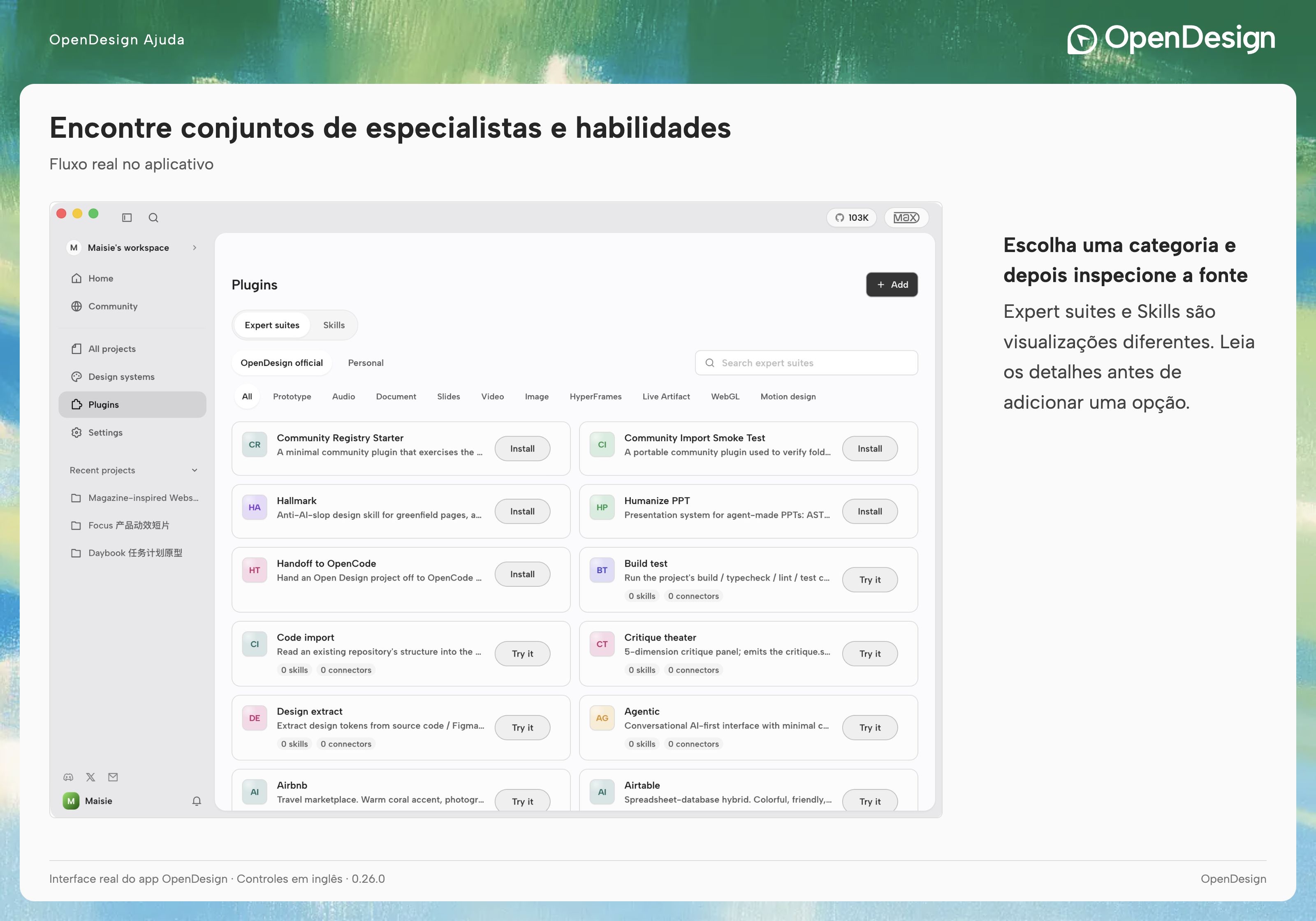 Tela de Plugins com Expert suites, Skills e filtros de origem.