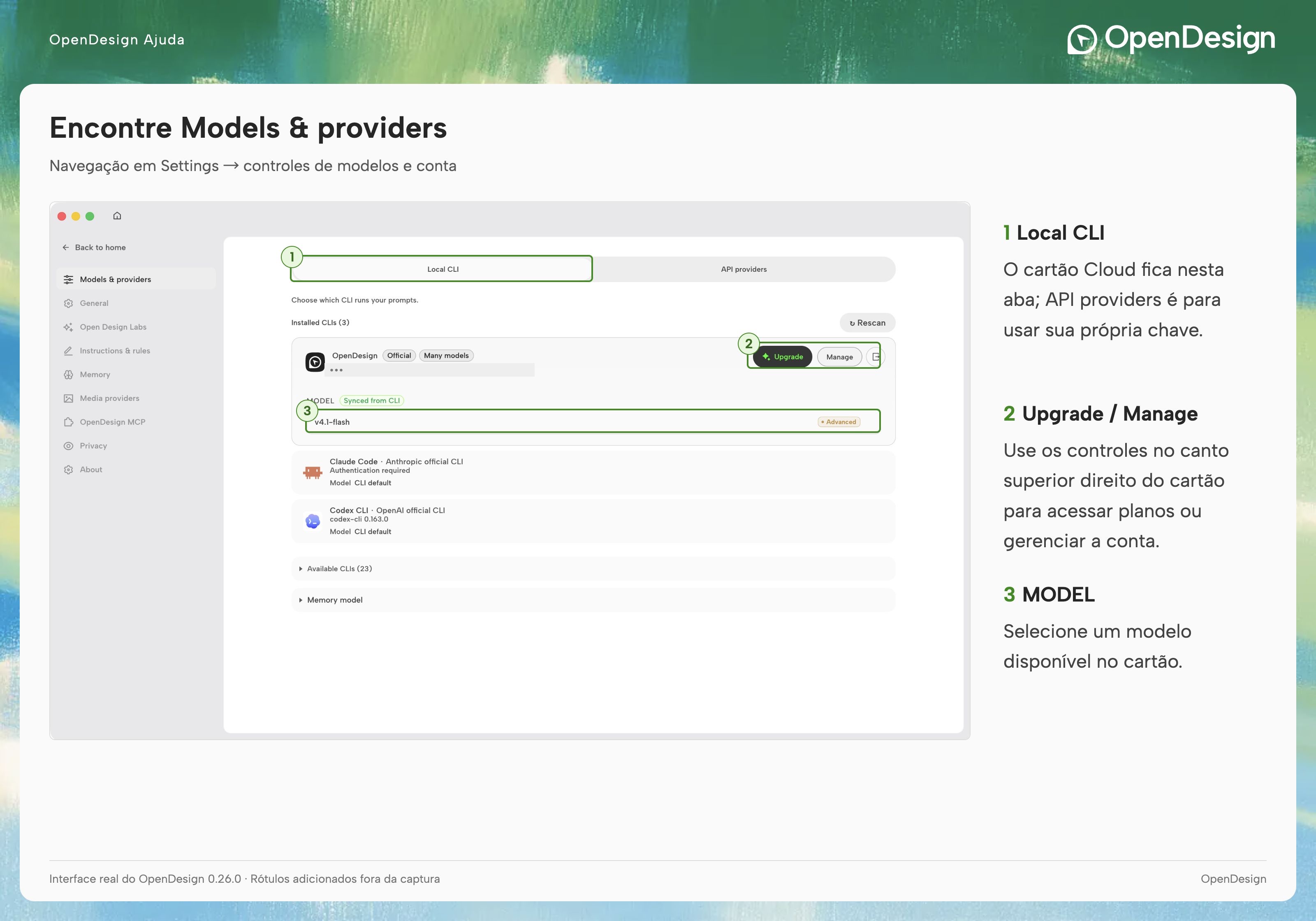 Navegação de Settings e abas de Models & providers do OpenDesign.