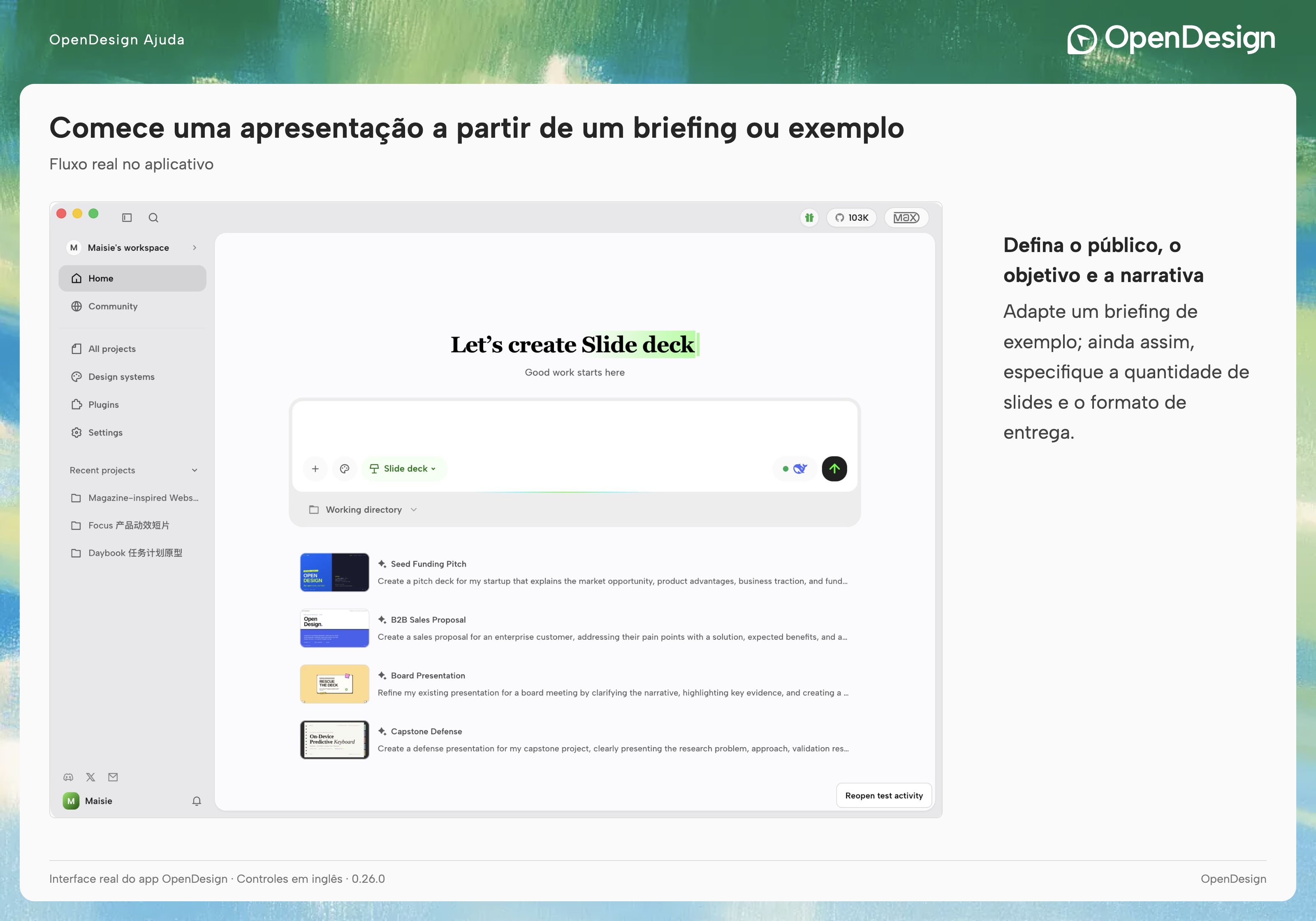 Slide deck selecionado em Home antes de inserir um briefing de apresentação