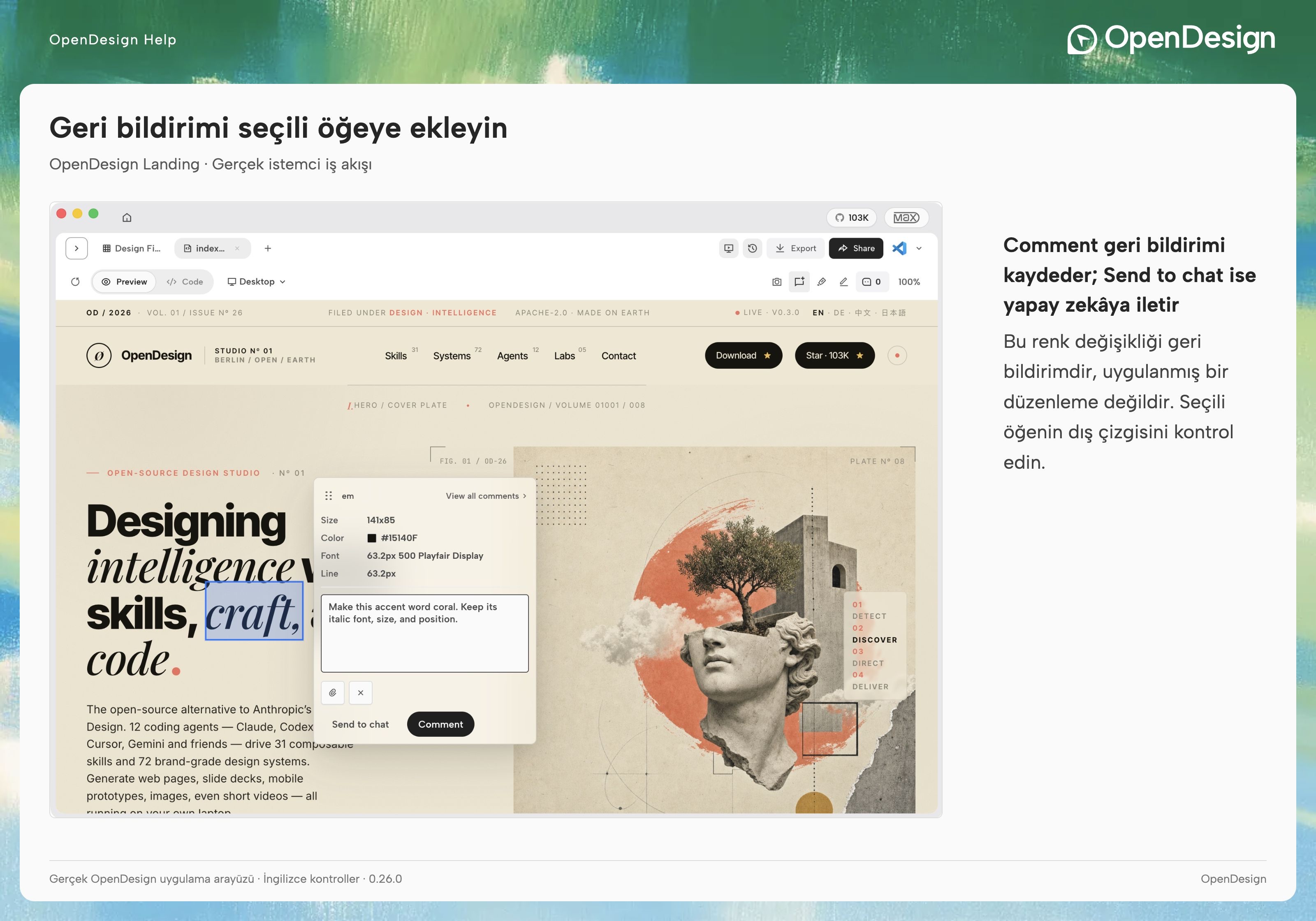 OpenDesign Landing vurgu sözcüğündeki bir öğe yorumu.