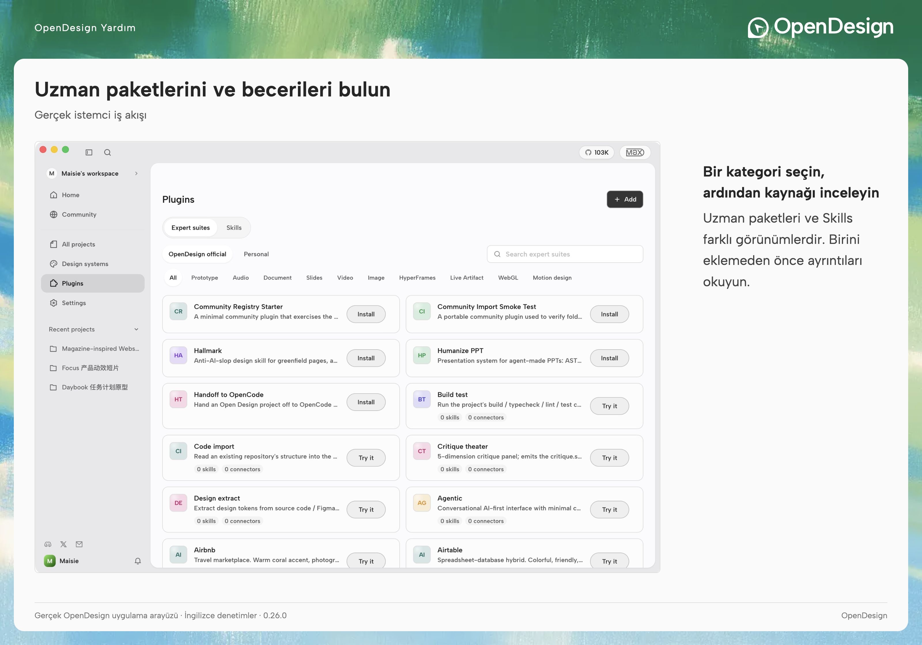 Expert suites, Skills ve kaynak filtrelerinin bulunduğu Plugins ekranı.