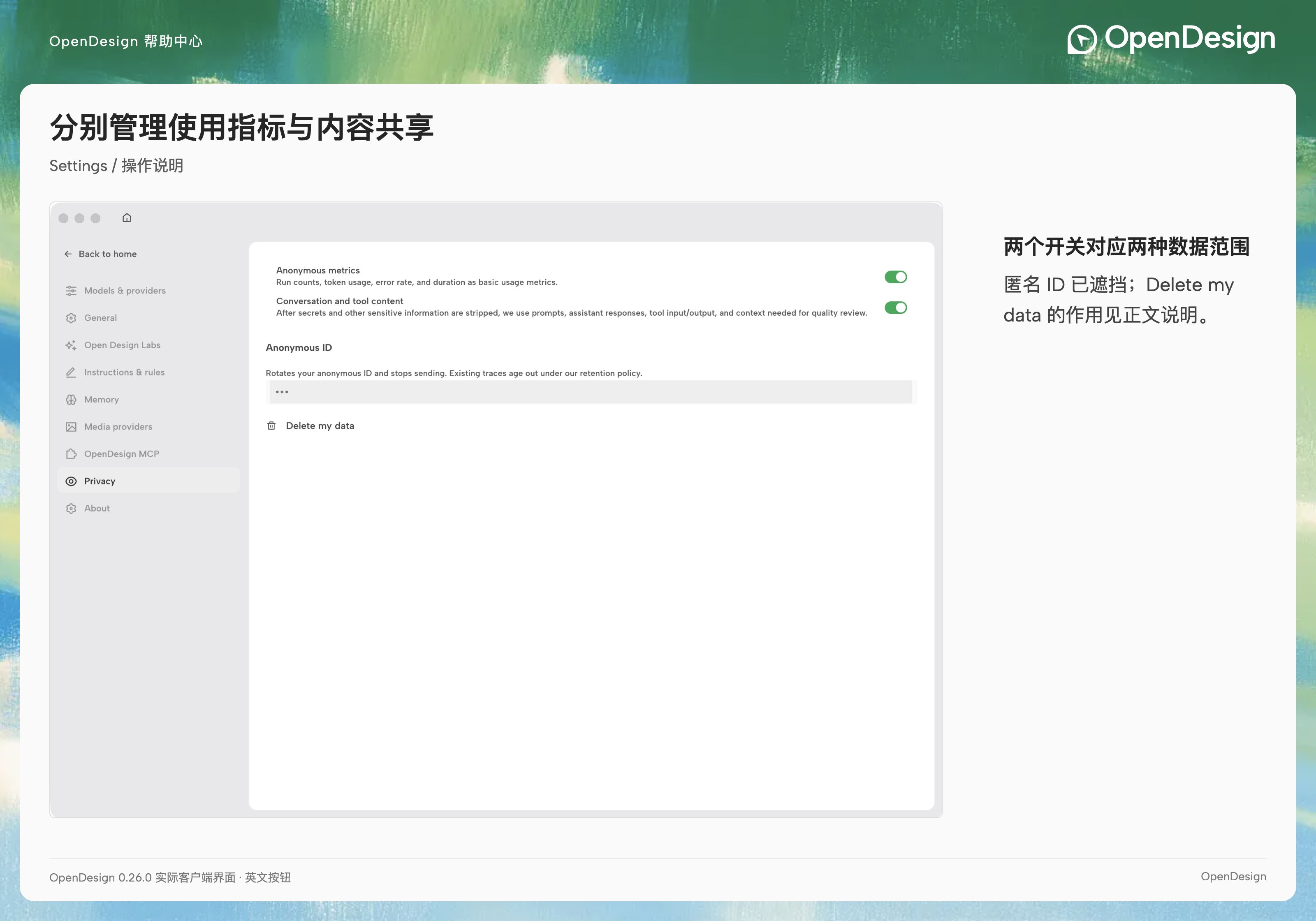 两个共享选项独立控制；示例匿名 ID 已遮挡。