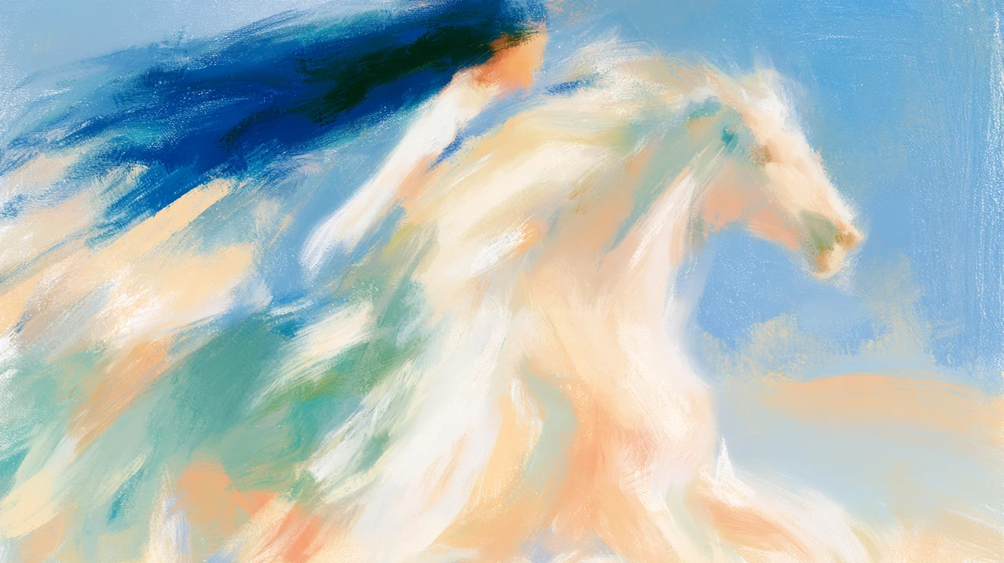 A painterly white horse in motion