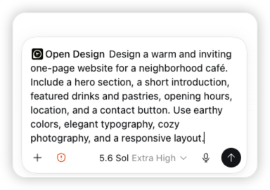 Un prompt reale in Codex che chiede a Open Design di creare il sito accogliente di un café di quartiere