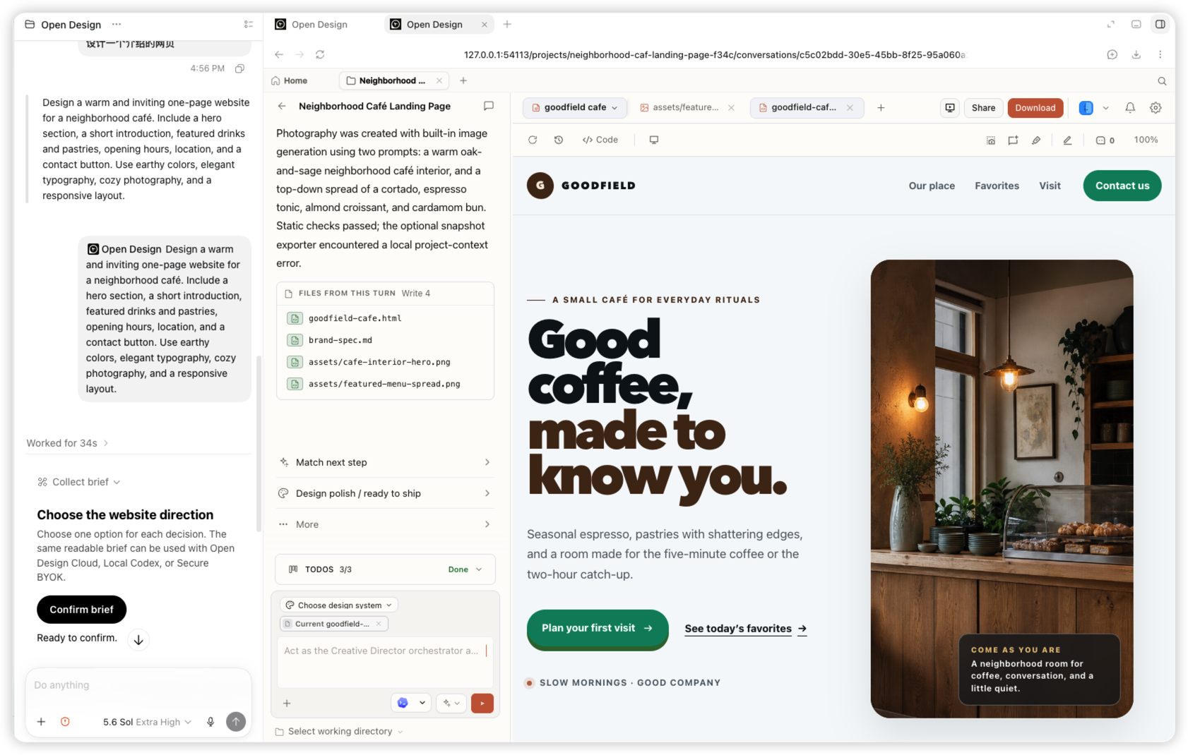 La landing page completata del café di quartiere Goodfield, generata tramite il plugin Open Design in Codex
