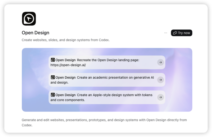 La schermata reale dei dettagli del plugin Open Design in Codex con il pulsante Try now