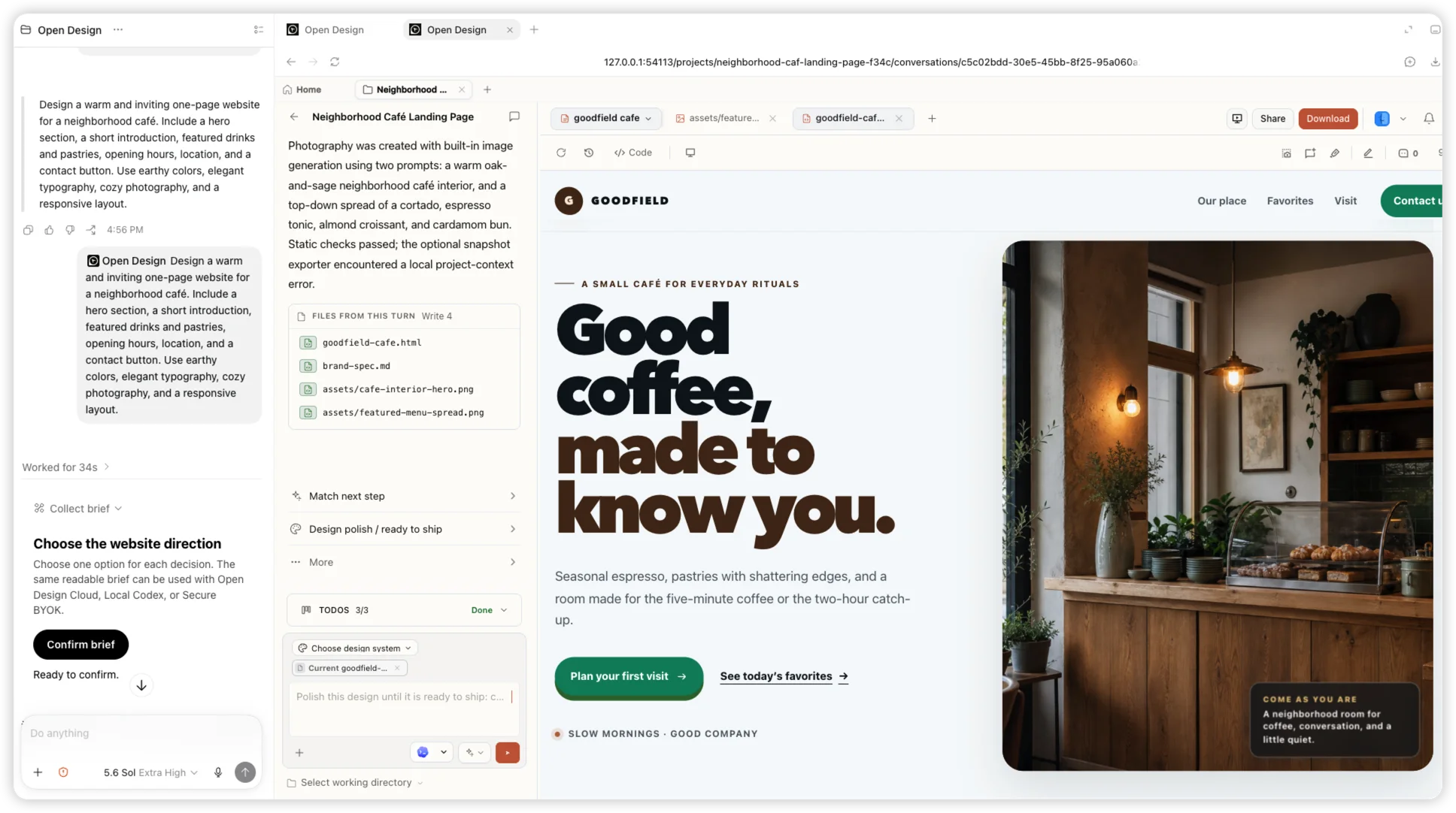Un’attività reale in Codex che usa il plugin Open Design accanto al sito completato del café Goodfield