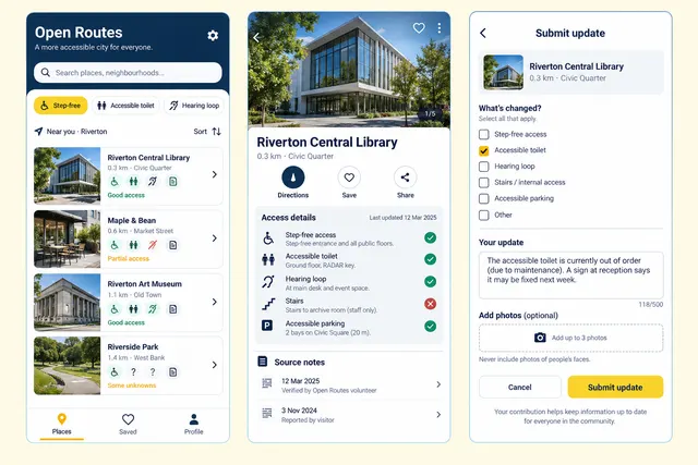 Open Routes — вымышленный доступный городской путеводитель, представленный тремя экранами мобильного приложения: «Места», «Сведения о доступности» и «Отправка исправления».