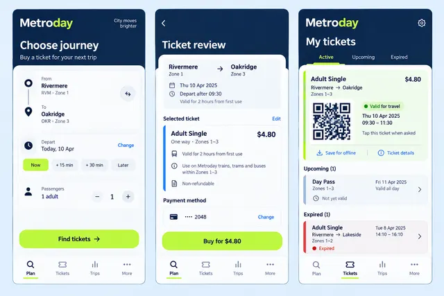 Metroday — вымышленный кошелёк билетов для поездок с тремя экранами мобильного приложения: «Выбор поездки»; «Проверка билета»; «Мои билеты».