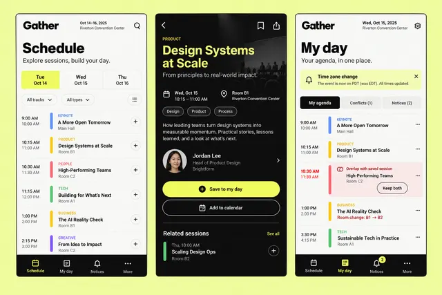Gather — вымышленное приложение-помощник для событий, показывающее расписание, подробности сессии и раздел «Мой день» на трёх мобильных экранах.