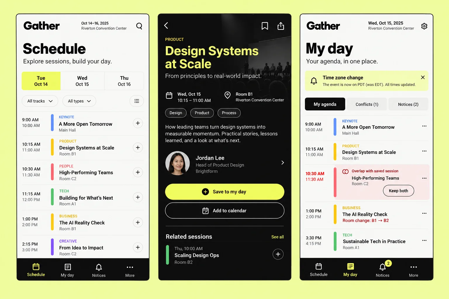 Gather — вымышленное приложение-помощник для событий, показывающее расписание, подробности сессии и раздел «Мой день» на трёх мобильных экранах.