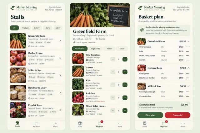 Market Morning — вымышленный список покупок на местном рынке с тремя экранами мобильного приложения: «Лавки», «Список товаров» и «План покупок».